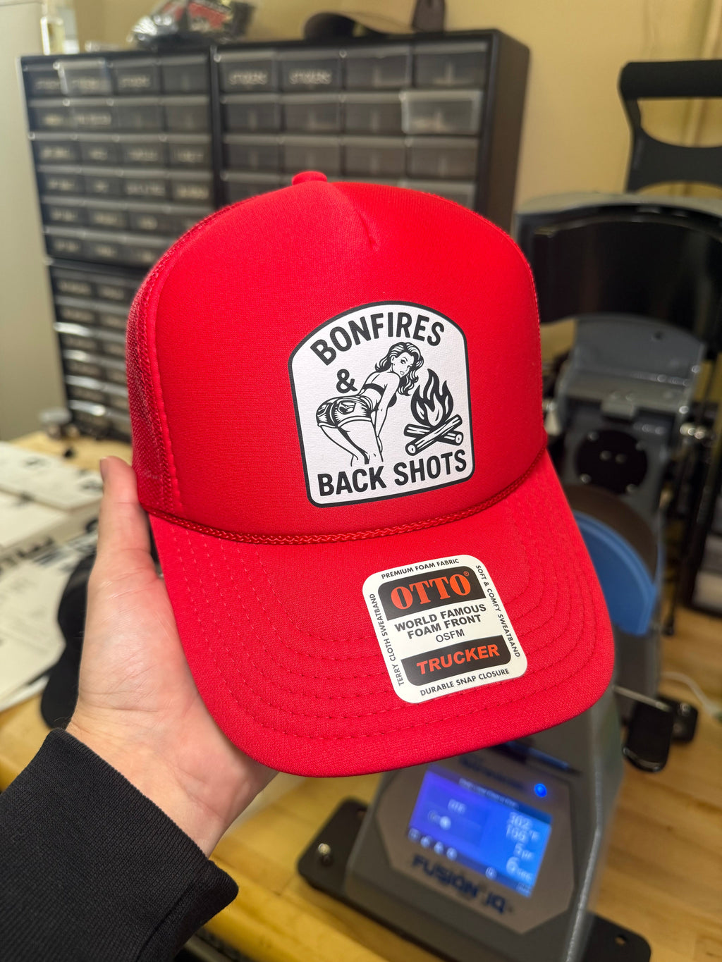 Bonfires & Back Shots Trucker Hat — view 3