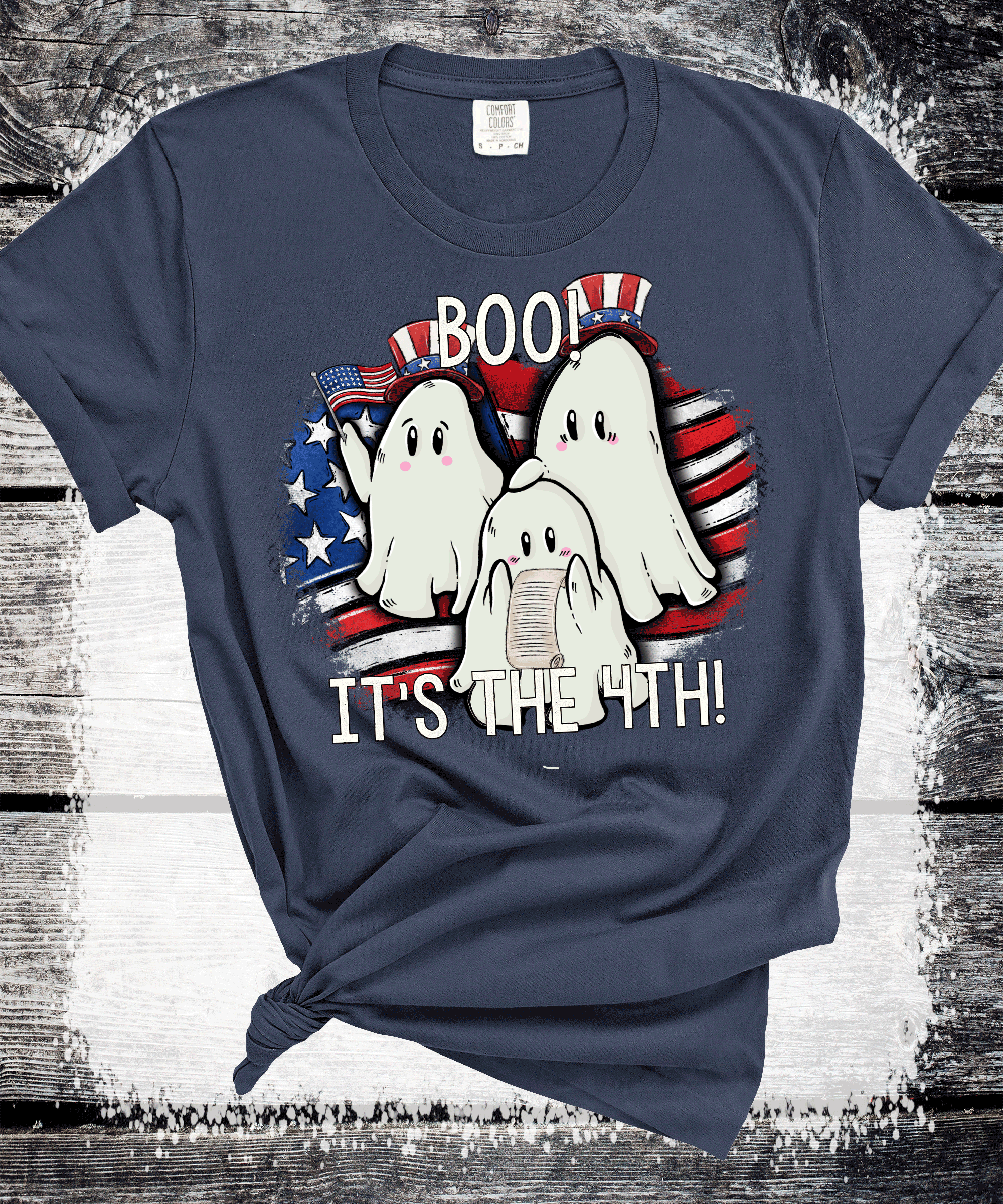 A Blessed Texas Mess Boutique 4th of July Shirt, Comfort Colors® Ghost Shirt, Patriotic ghost Tshirt,… — A Blessed Texas Mess Boutique branding close-up