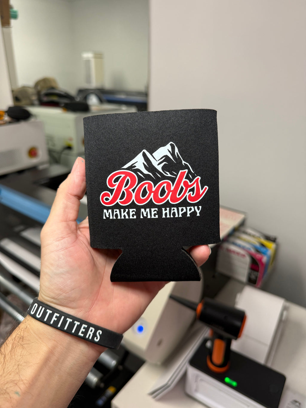 Luckless Outfitters Make Me Happy Koozie — detail close-up