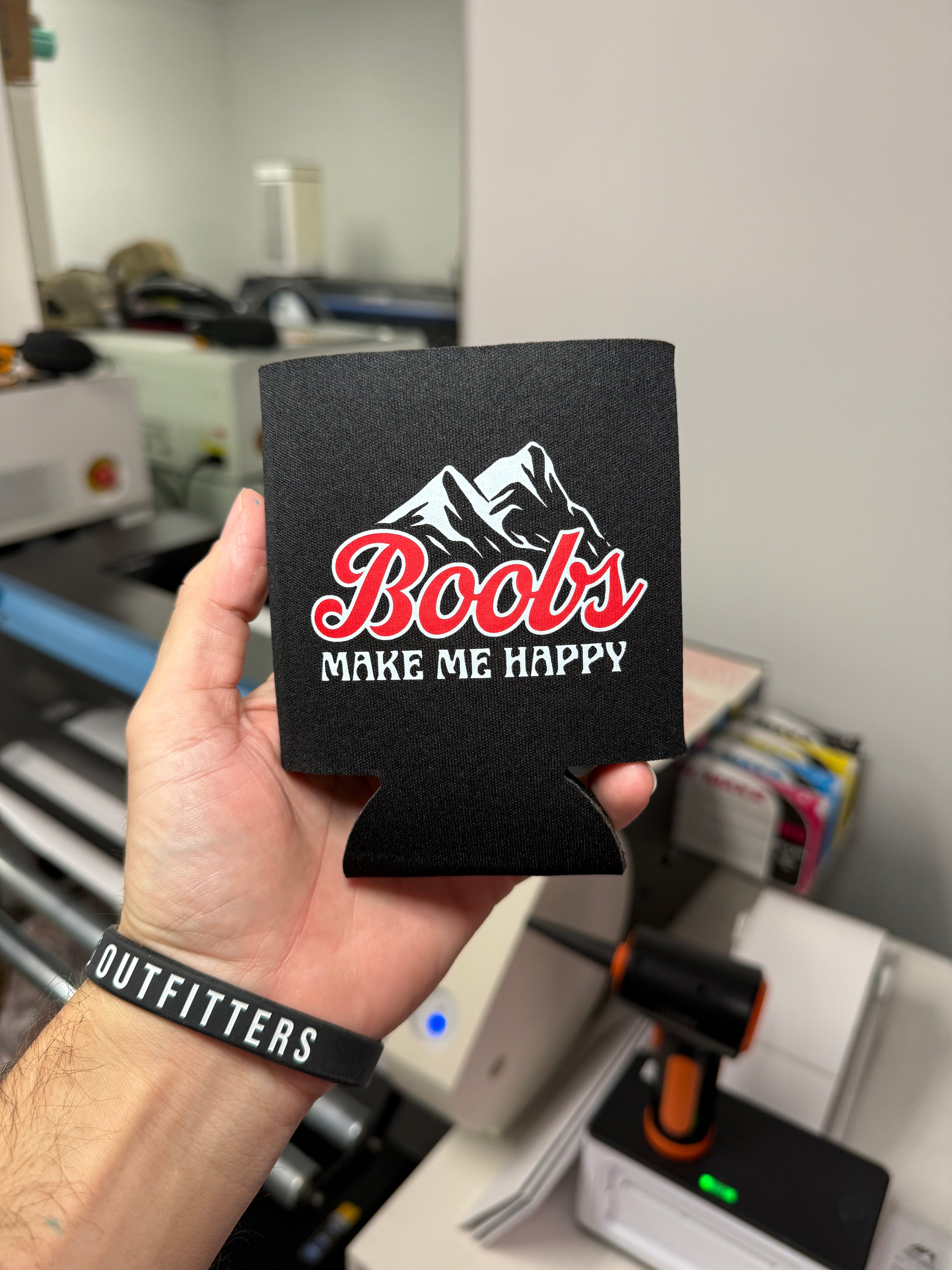 Luckless Outfitters Make Me Happy Koozie — detail close-up