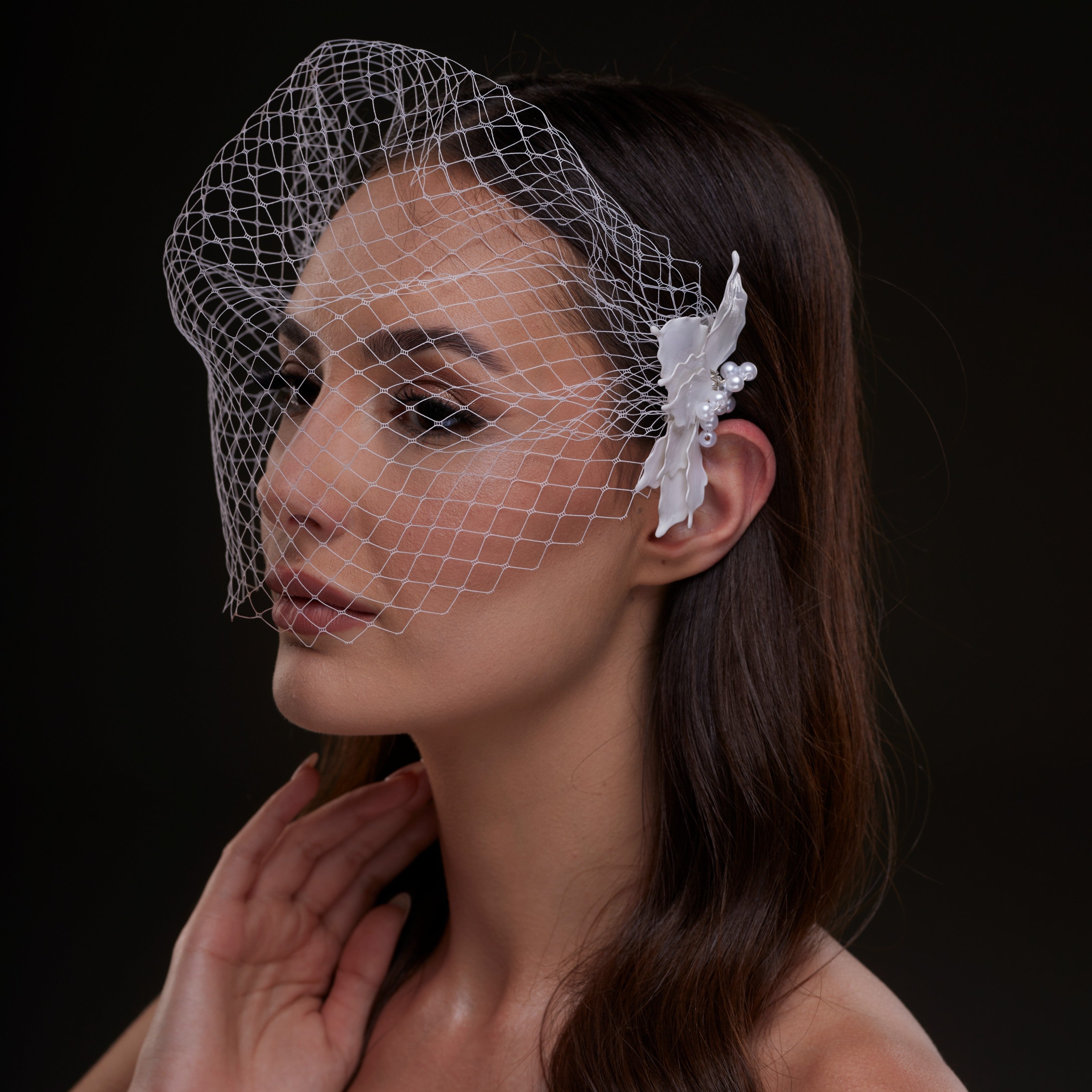 Bridal Birdcage Veil with Pearl & Leaf Side Comb – Bridal Port, view 2