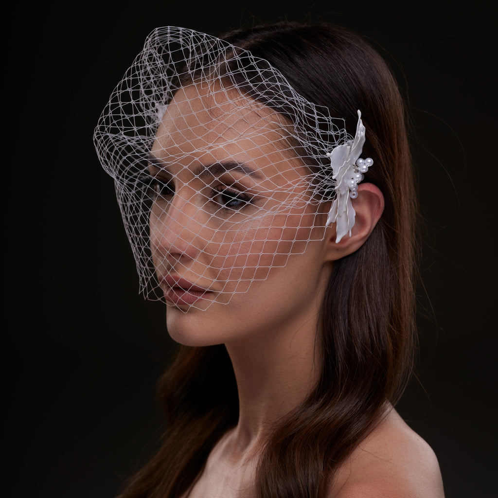 Bridal Birdcage Veil with Pearl & Leaf Side Comb – Bridal Port, view 5