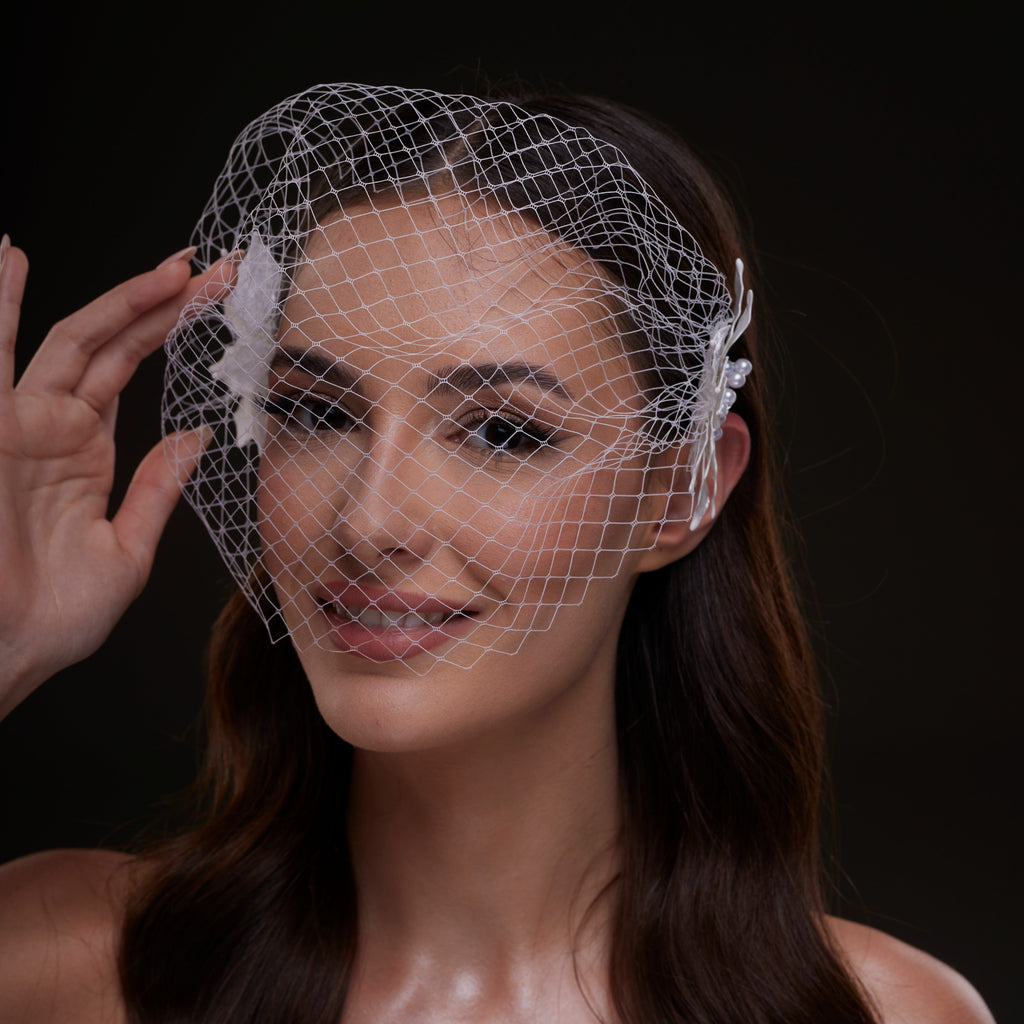 Bridal Birdcage Veil with Pearl & Leaf Side Comb – Bridal Port, view 3