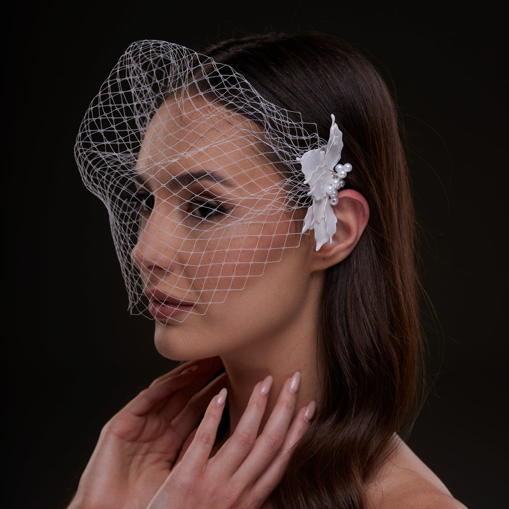 Bridal Birdcage Veil with Pearl & Leaf Side Comb – Bridal Port, view 7