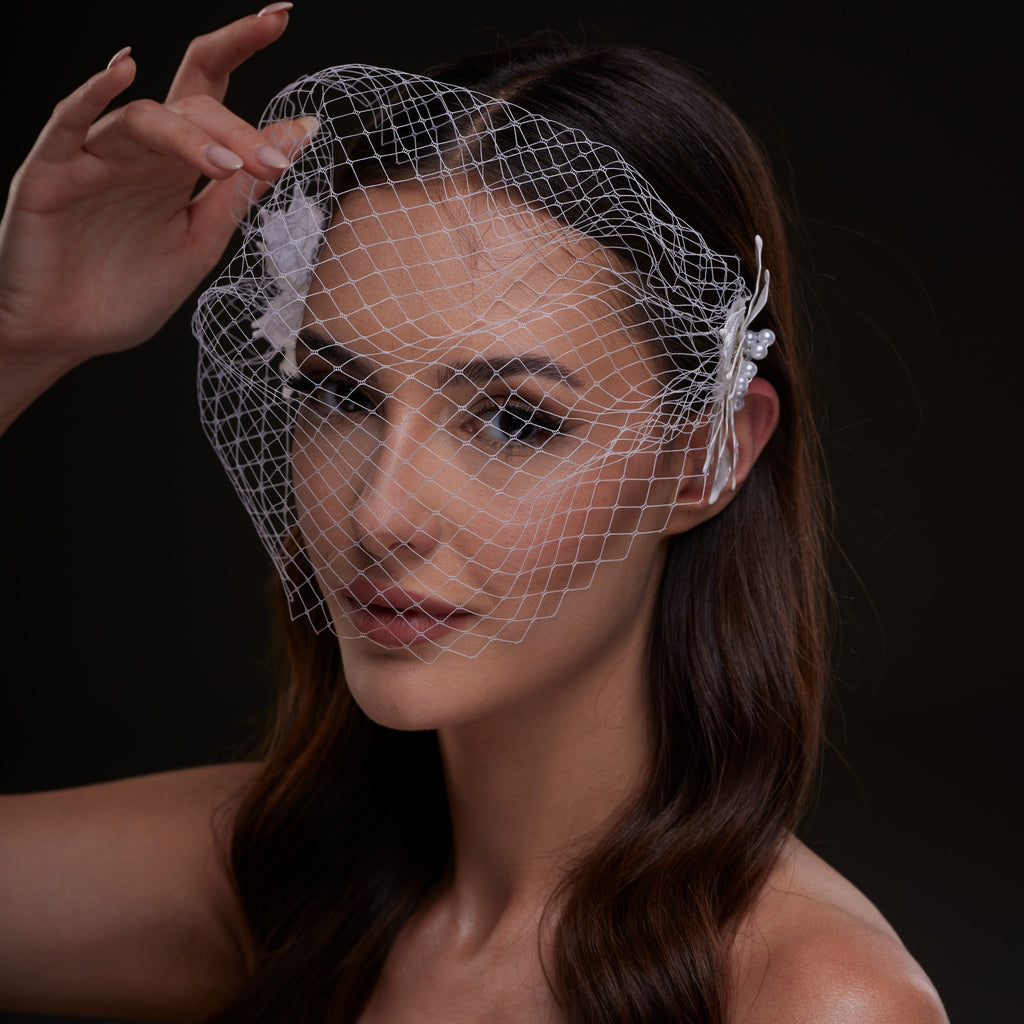 Bridal Birdcage Veil with Pearl & Leaf Side Comb – Bridal Port