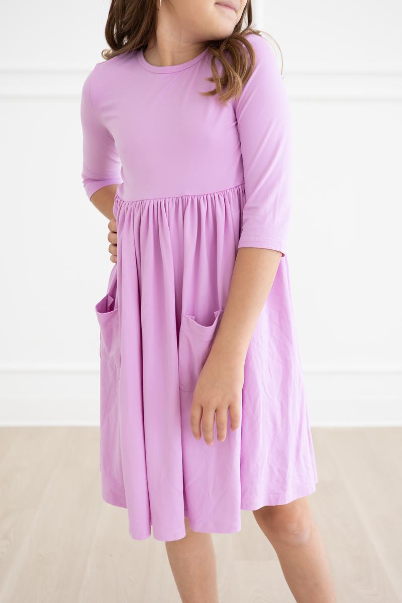 Mila & Rose ® Bright Lilac 3/4 Sleeve Pocket Twirl Dress — back view
