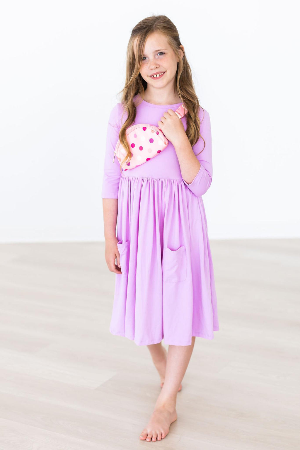Mila & Rose ® Bright Lilac 3/4 Sleeve Pocket Twirl Dress — alternative angle