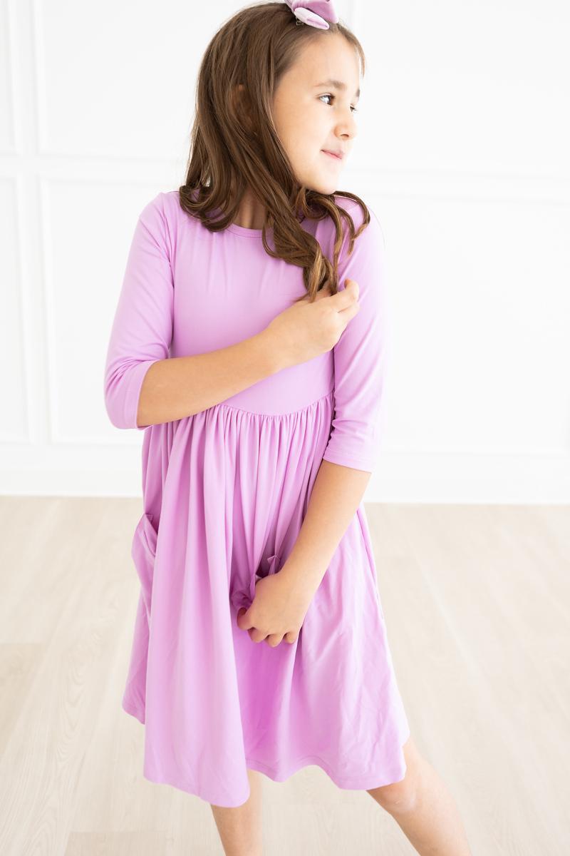 Mila & Rose ® Bright Lilac 3/4 Sleeve Pocket Twirl Dress — in-use photo