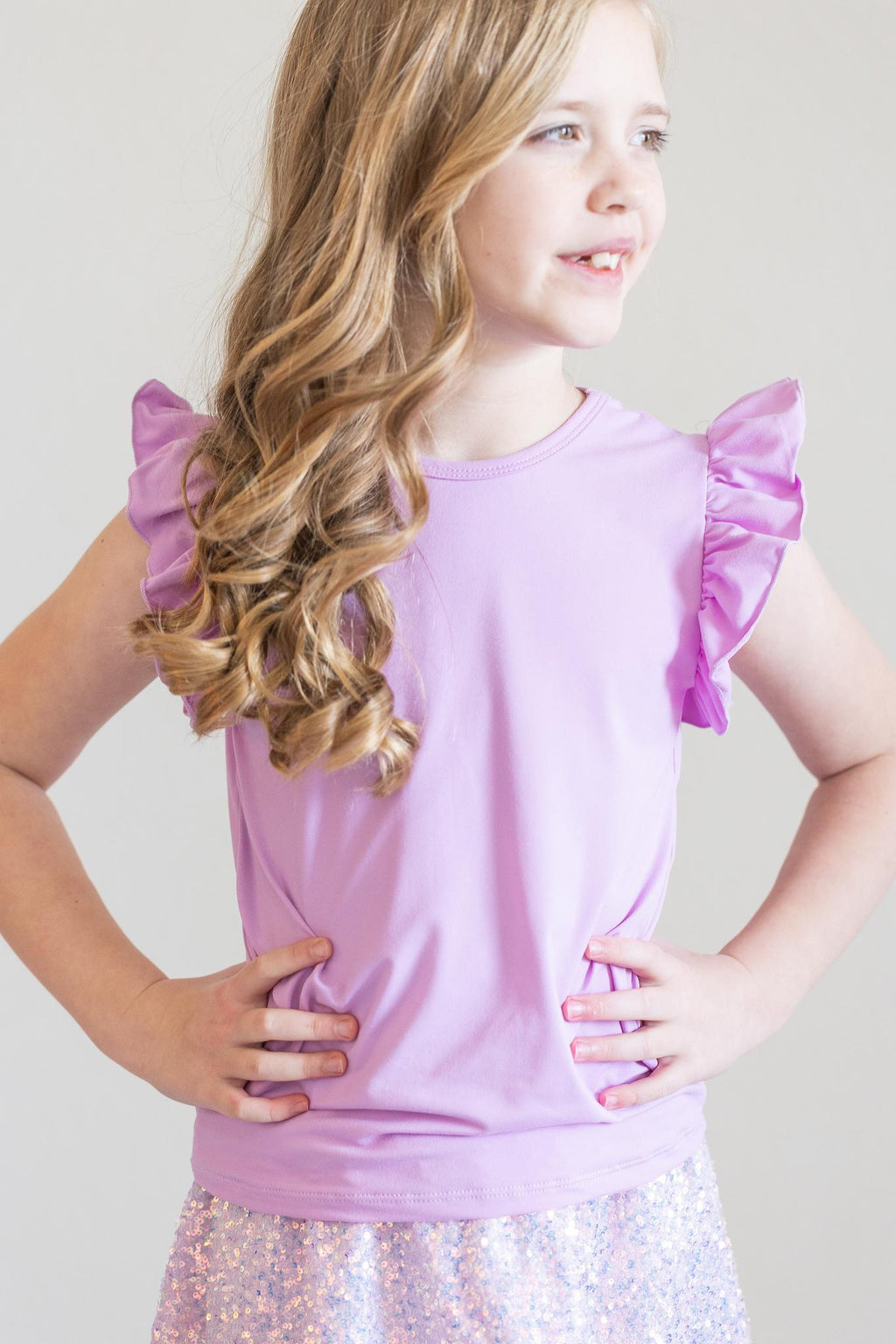 Mila & Rose ® Bright Lilac S/S Ruffle Tee — in-use photo