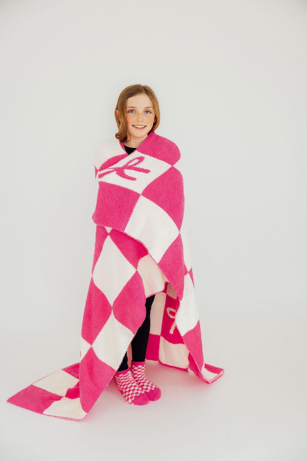 Mila & Rose ® Bright Pink Checker Bow Cozy Blanket — side view