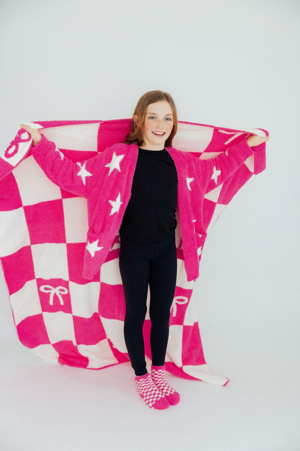 Mila & Rose ® Bright Pink Checker Bow Cozy Blanket — main product shot