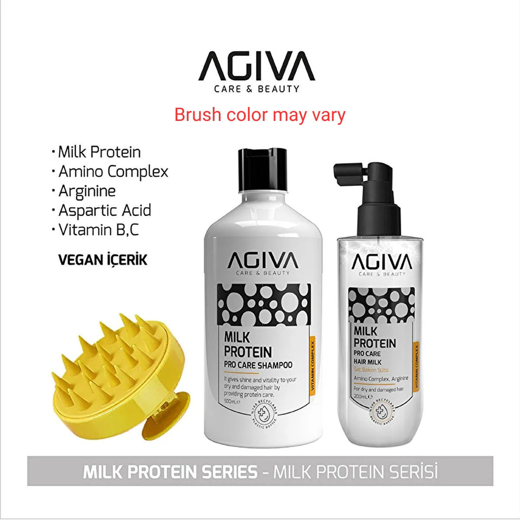 Agiva Milk Protein Hair Care Set: Shampoo, Hair Milk & Comb - Repair Damaged Hair, Restore Shine, Moisturize & Detangle (Brush Color May Vary)