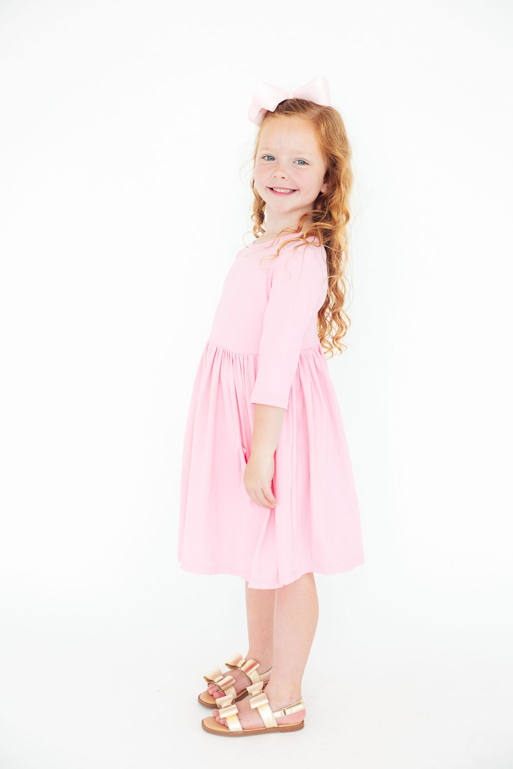 Mila & Rose ® Bubblegum Pink 3/4 Sleeve Pocket Twirl Dress — detail close-up