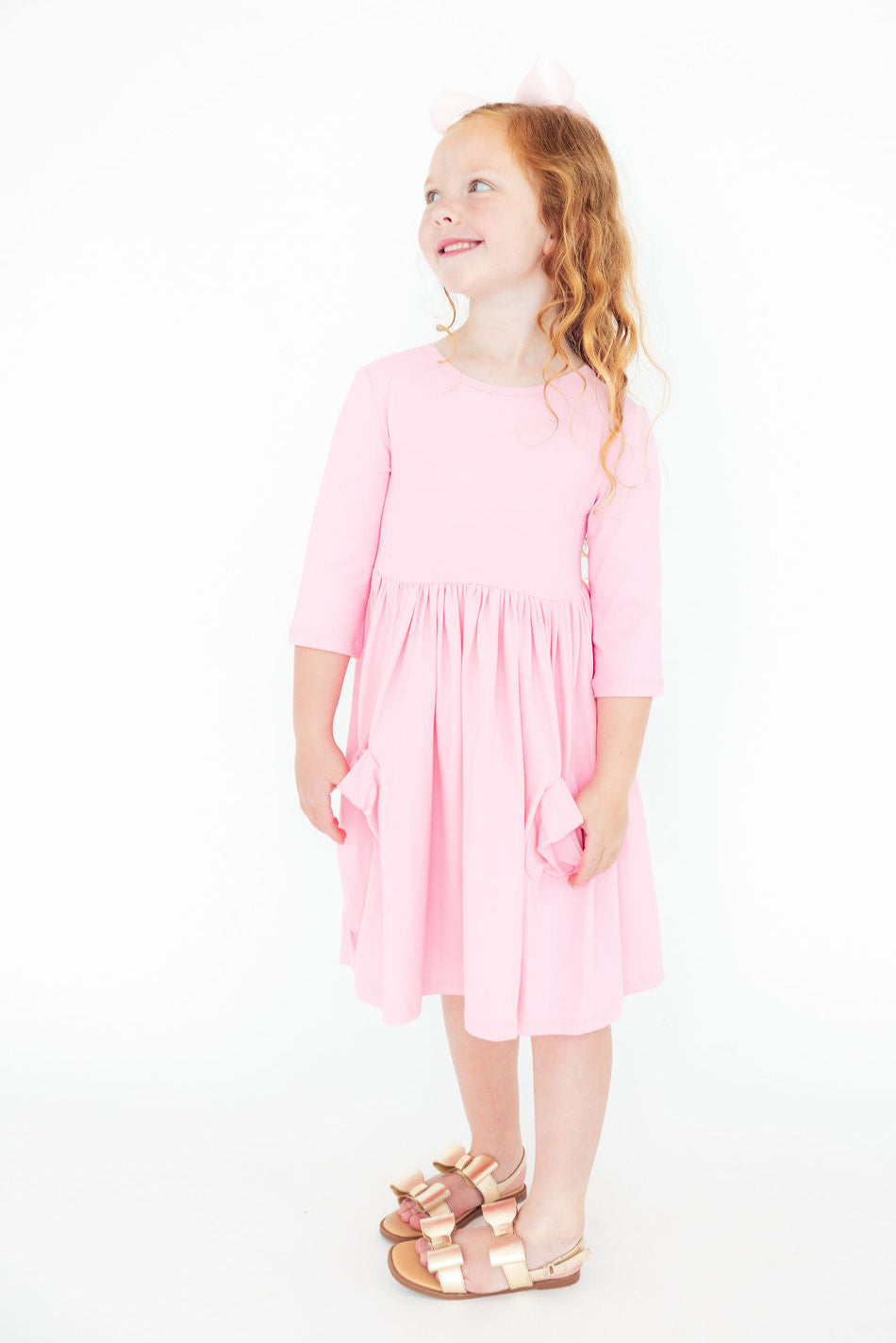 Mila & Rose ® Bubblegum Pink 3/4 Sleeve Pocket Twirl Dress — lifestyle context