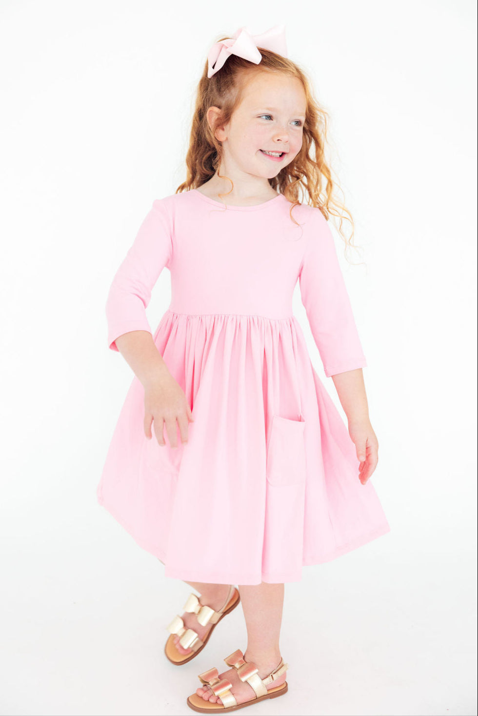 Mila & Rose ® Bubblegum Pink 3/4 Sleeve Pocket Twirl Dress — side view