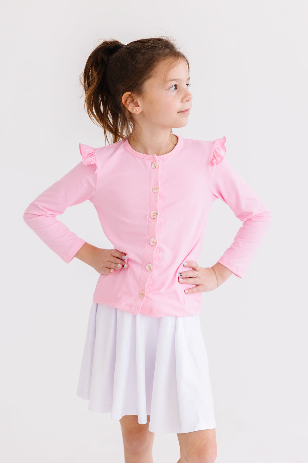 Mila & Rose ® Bubblegum Pink Ruffle Cardigan — lifestyle context