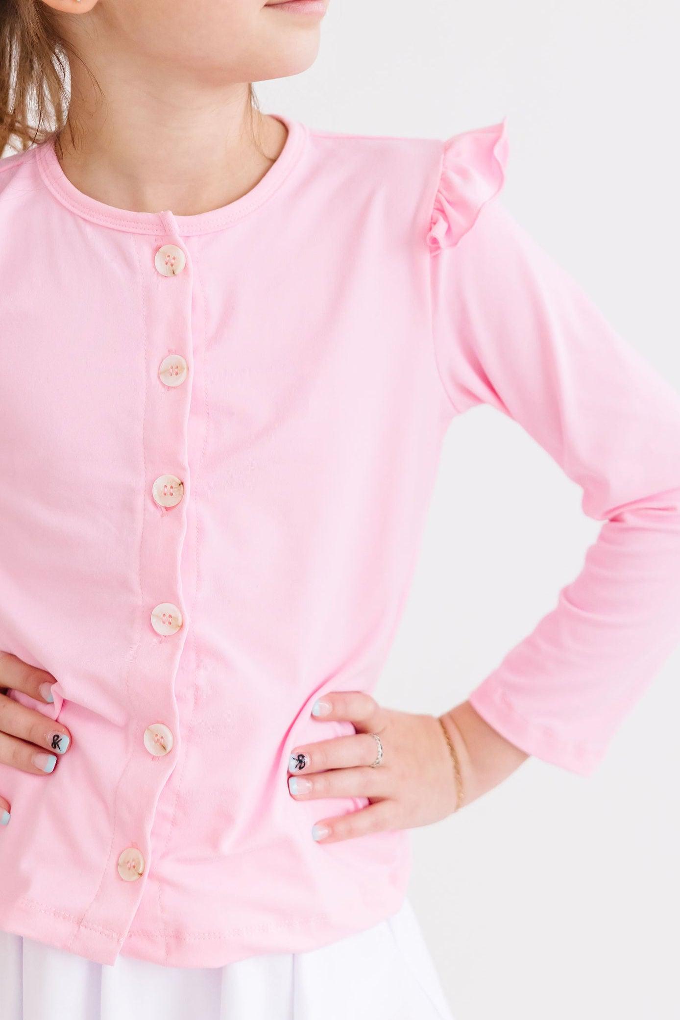 Mila & Rose ® Bubblegum Pink Ruffle Cardigan — detail close-up