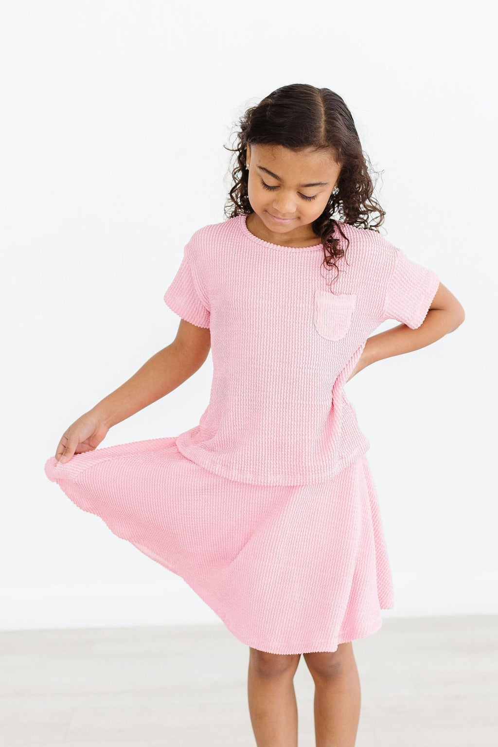 Mila & Rose ® Bubblegum Pink Scrunchy Pocket Tee — lifestyle context