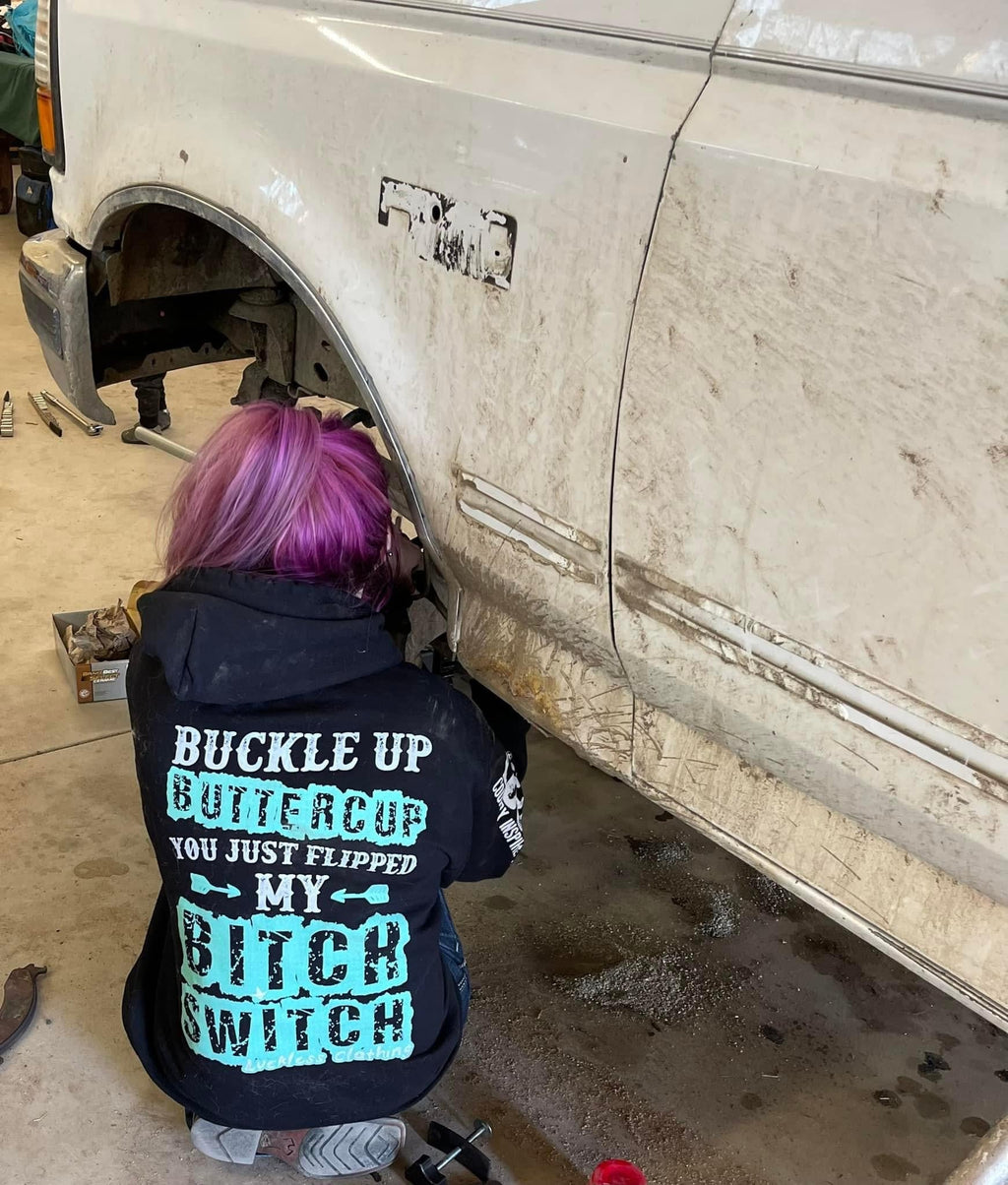 Luckless Outfitters Buckle Up Butter Cup Hoodie — side view