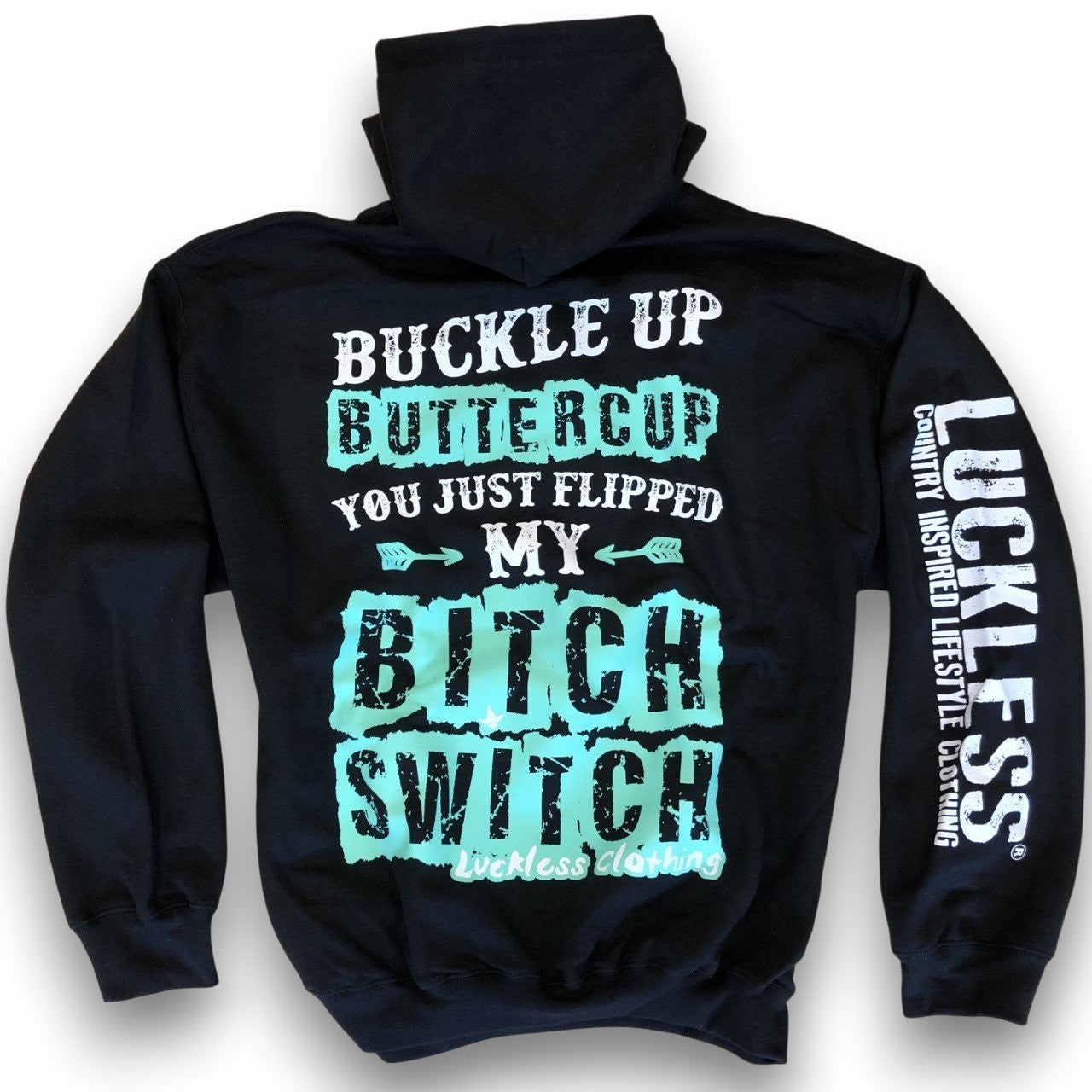 Luckless Outfitters Buckle Up Butter Cup Hoodie — detail close-up