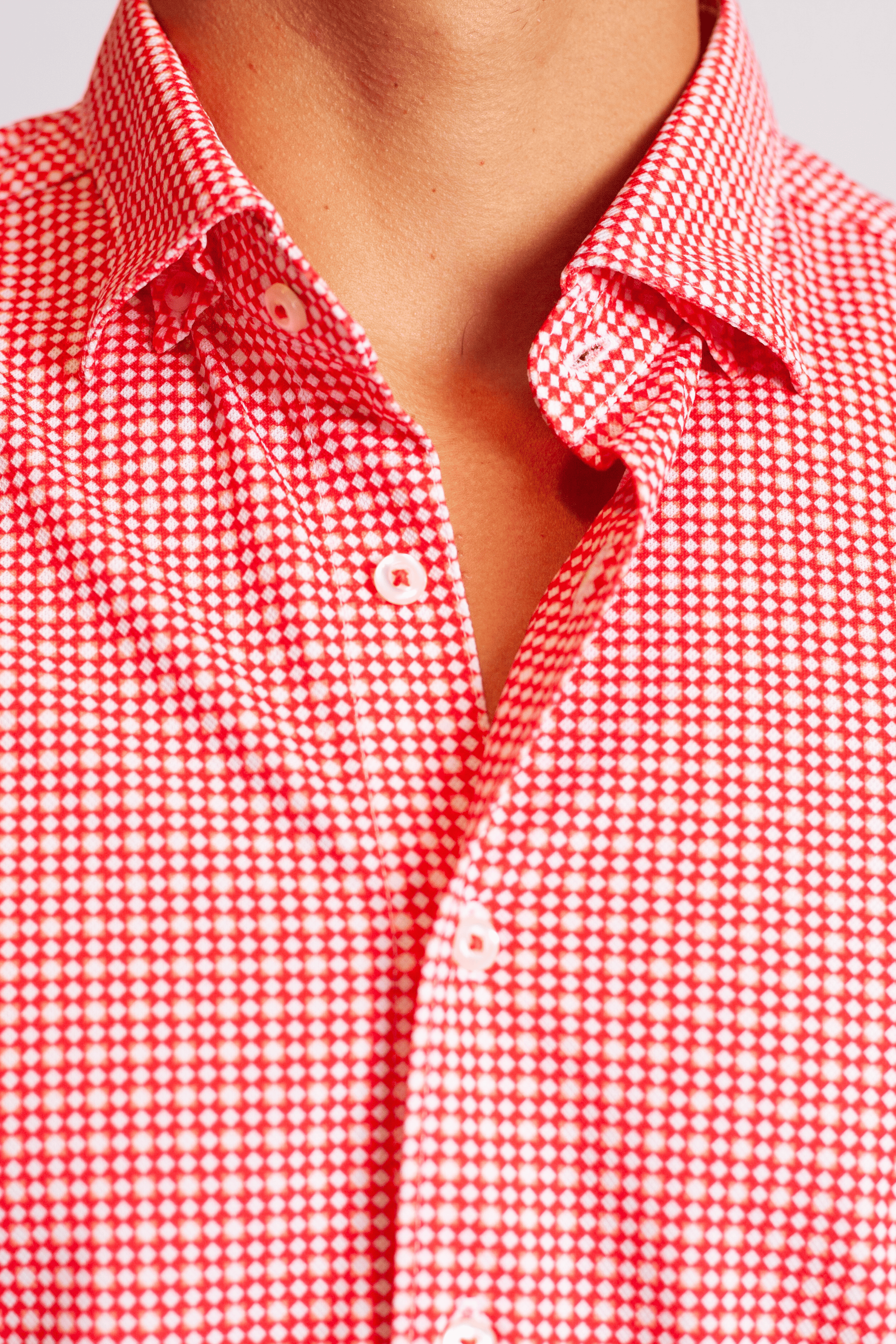 Buki Swiss Check Long Sleeve Tech Shirt - Red — detail close-up