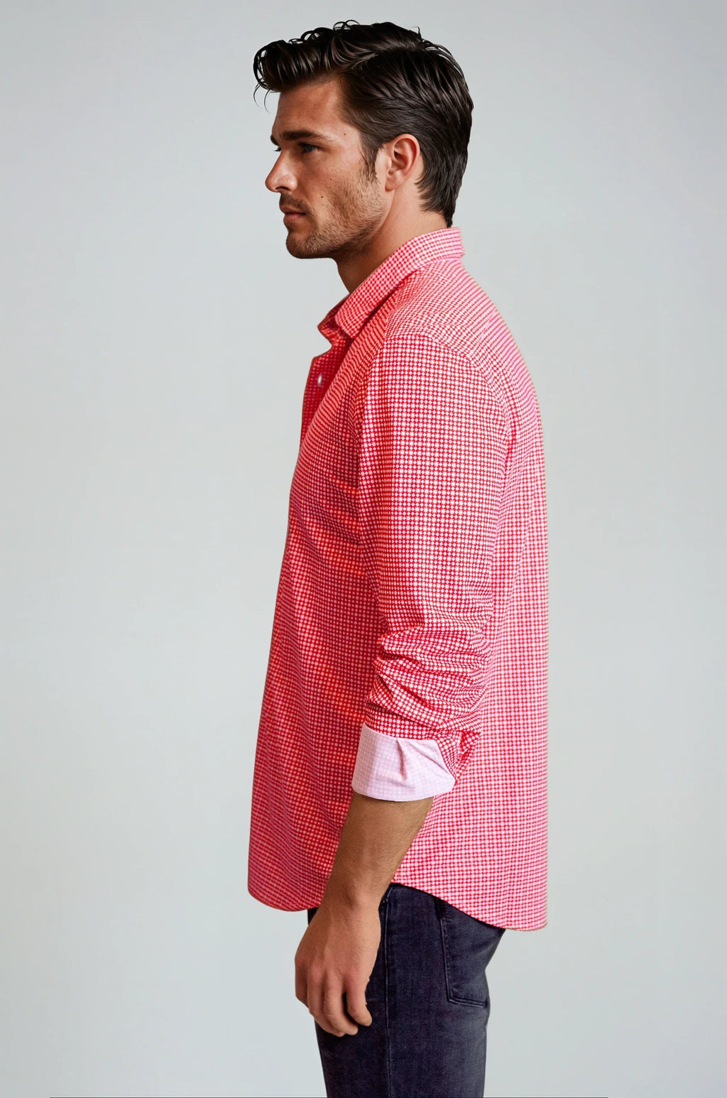 Buki Swiss Check Long Sleeve Tech Shirt - Red — lifestyle context