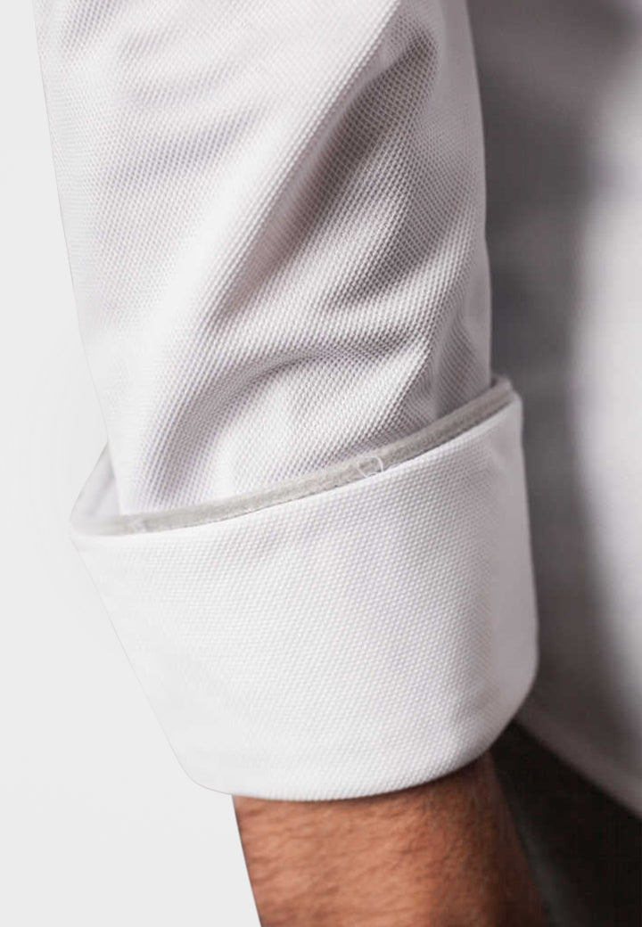 Buki Classic White Long Sleeve Button Down Tech Shirt — lifestyle context