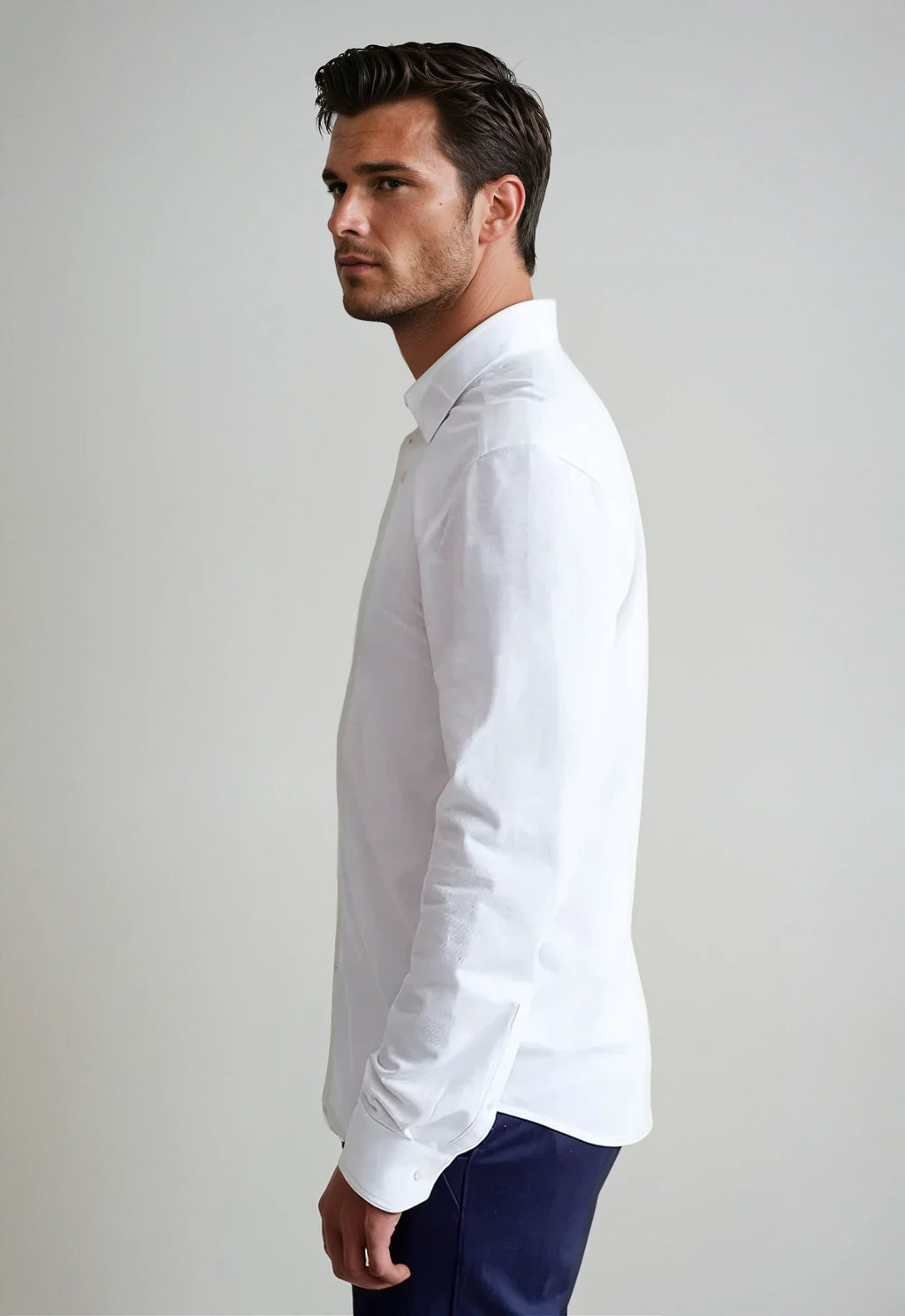 Buki Classic White Long Sleeve Button Down Tech Shirt — side view