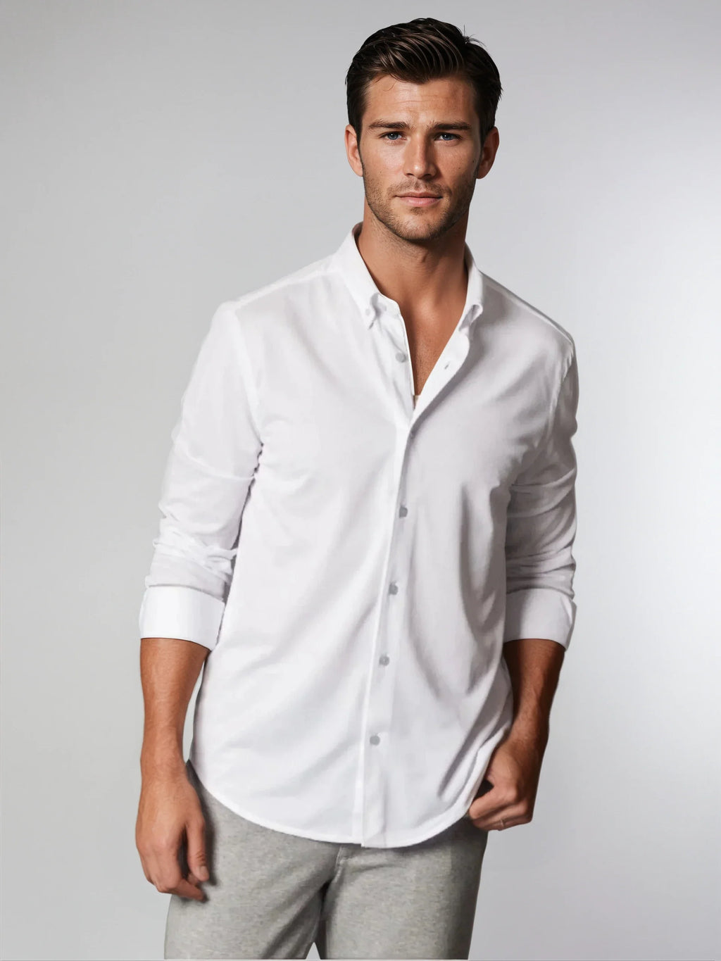 Buki Classic White Long Sleeve Button Down Tech Shirt — main product shot