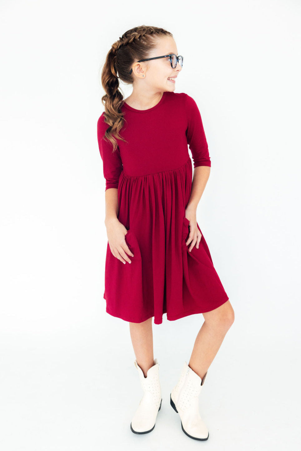 Mila & Rose ® Burgundy 3/4 Sleeve Pocket Twirl Dress — main product shot