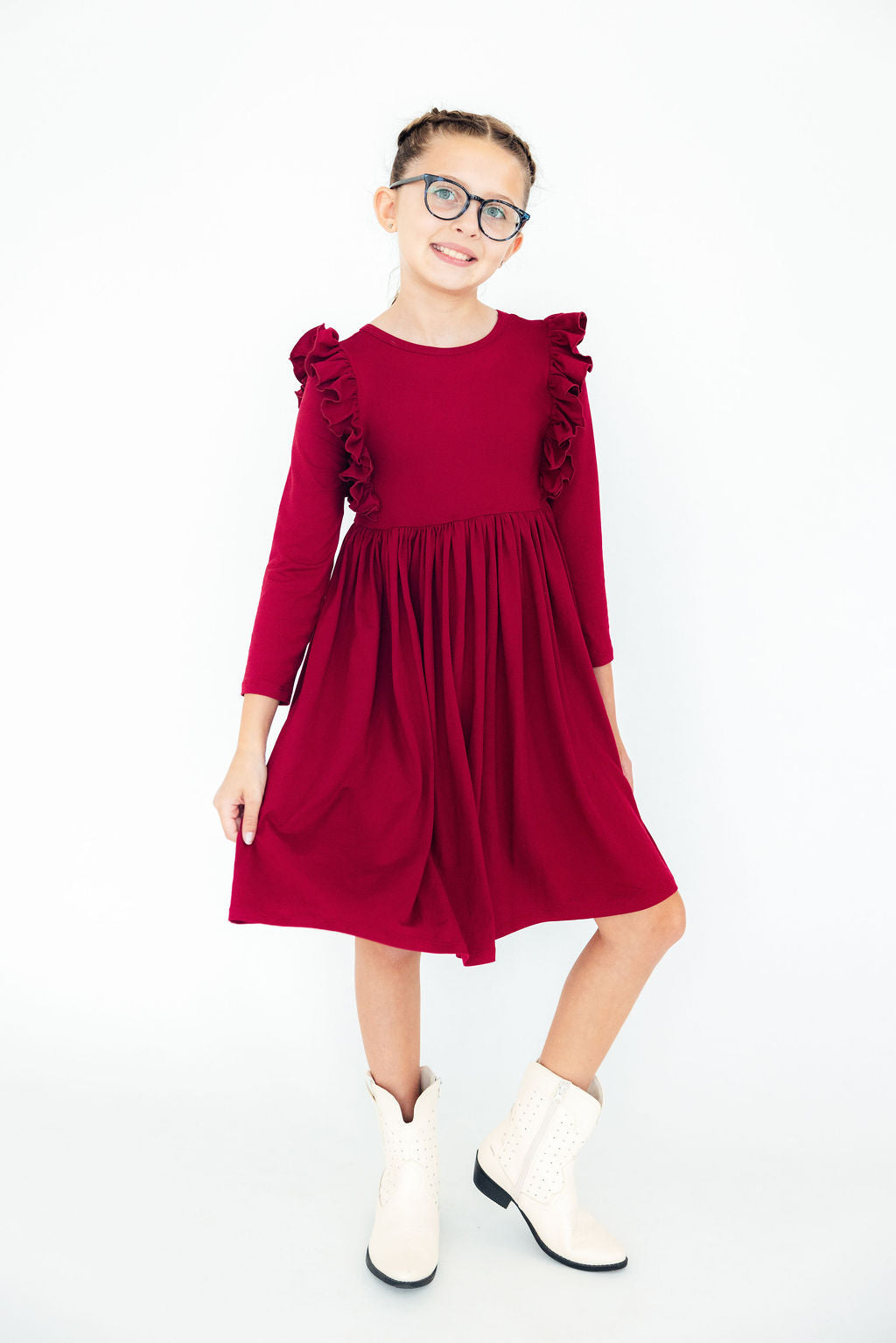 Mila & Rose ® Burgundy L/S Ruffle Twirl Dress — detail close-up