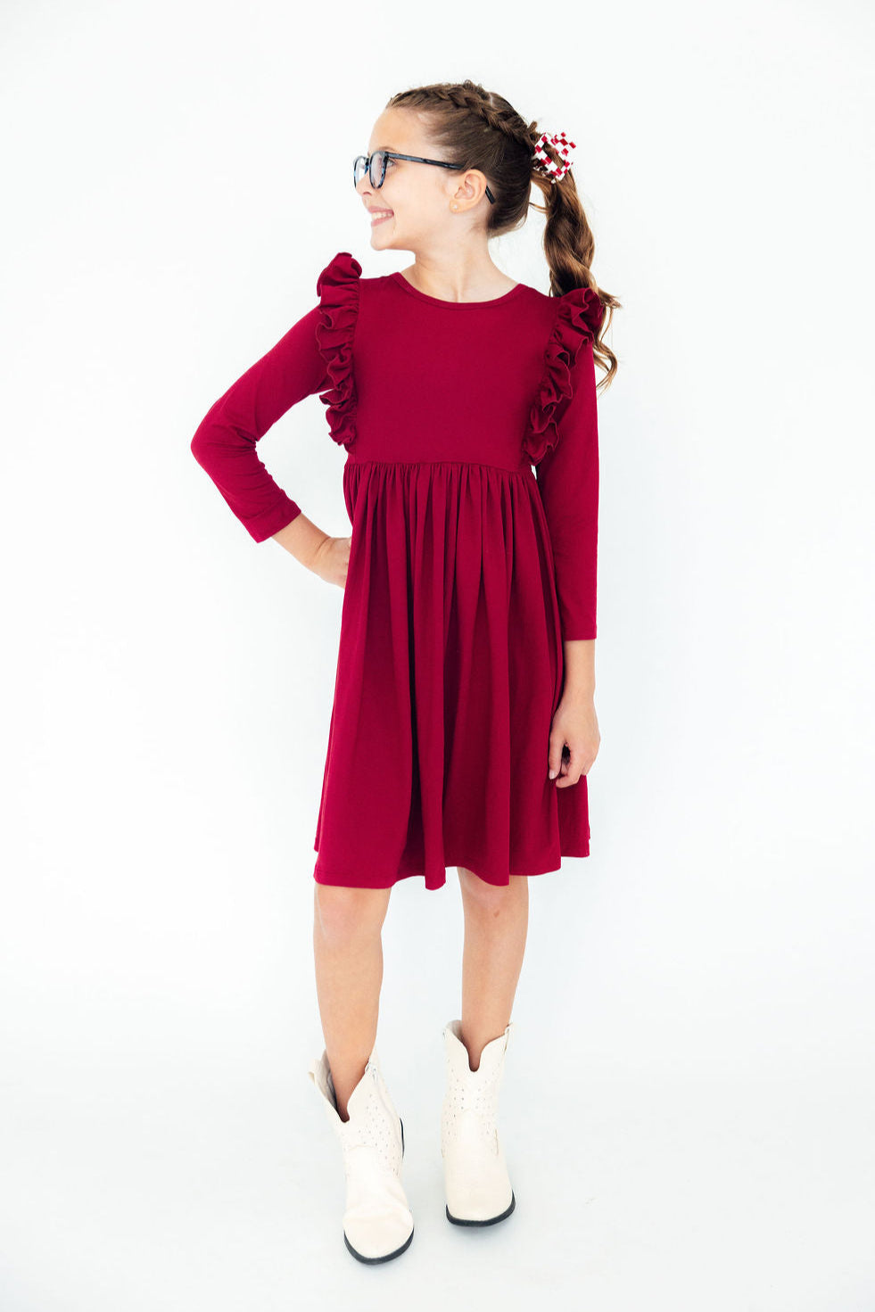 Mila & Rose ® Burgundy L/S Ruffle Twirl Dress — main product shot