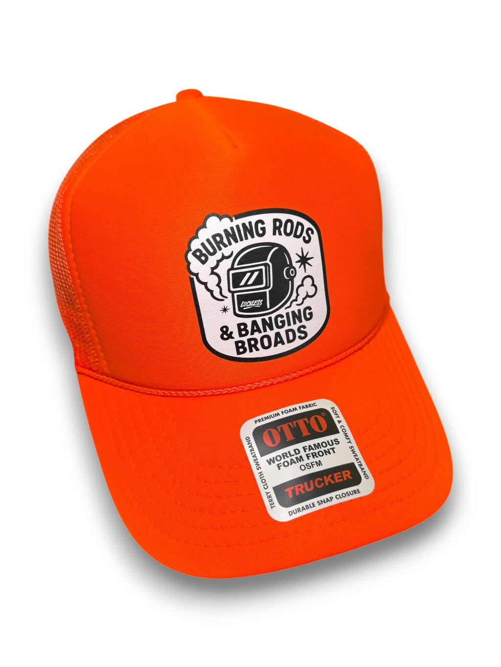 Luckless Outfitters Burning Rods Trucker Hat — detail close-up