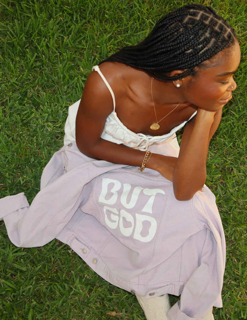 Elevated Faith But God Cropped Denim Jacket — back view