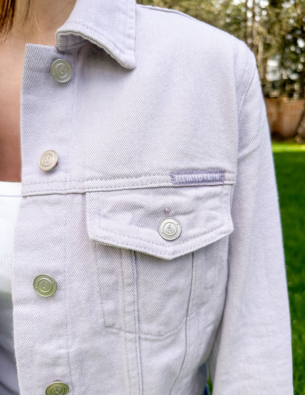 Elevated Faith But God Cropped Denim Jacket — side view