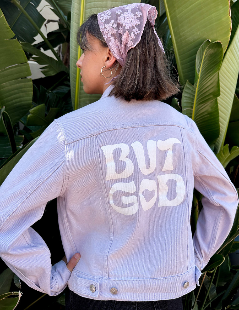 Elevated Faith But God Cropped Denim Jacket — alternative angle