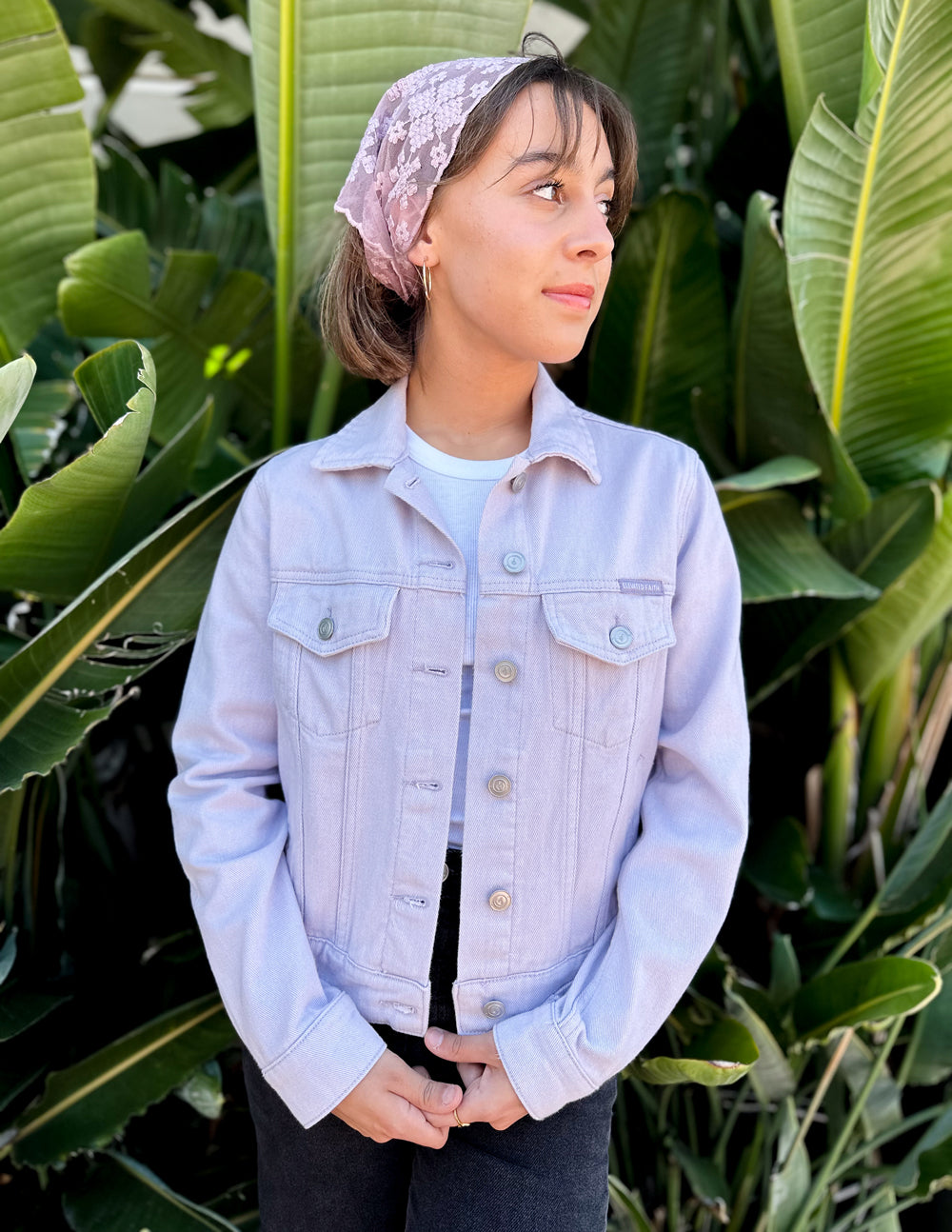 Elevated Faith But God Cropped Denim Jacket — in-use photo