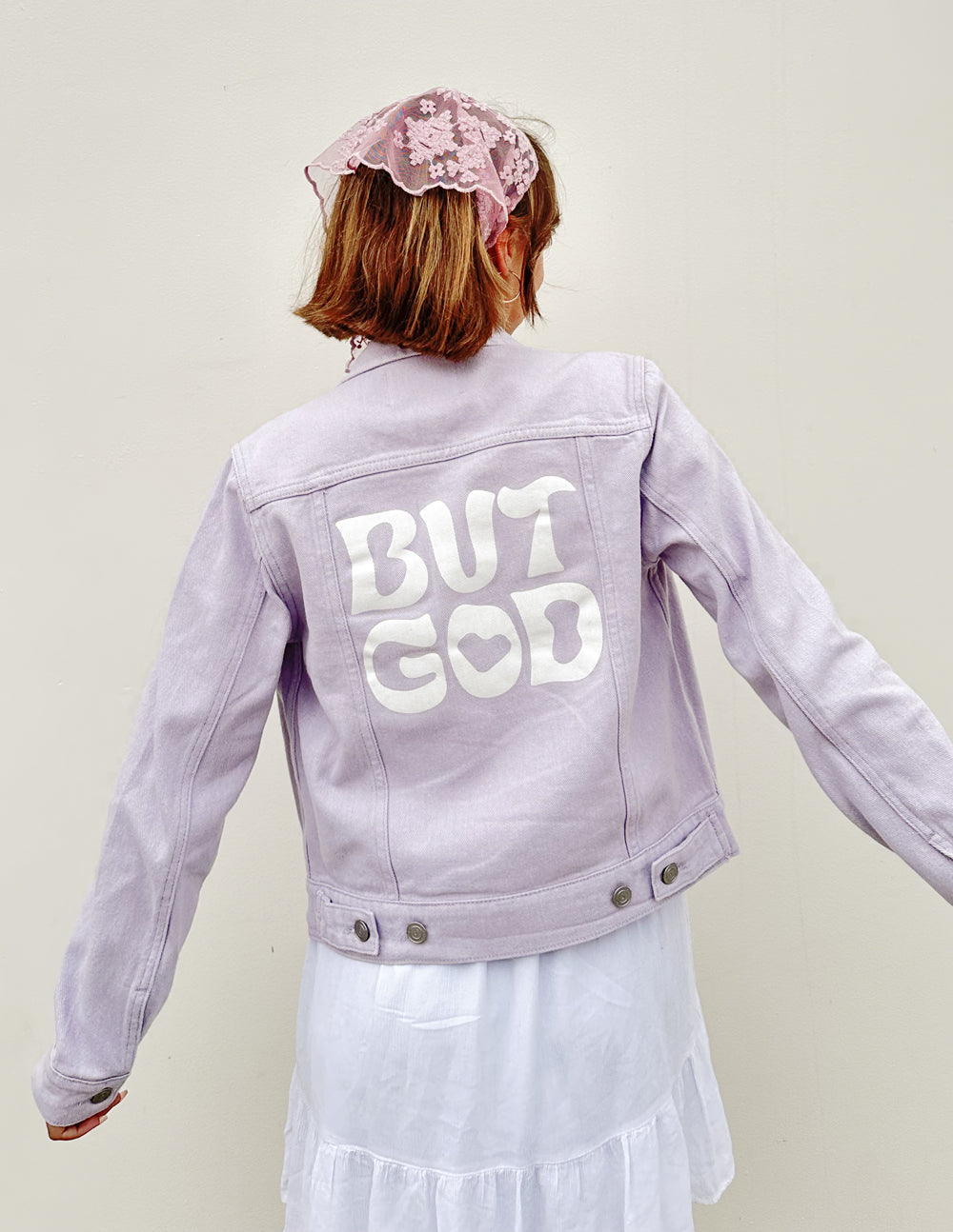 Elevated Faith But God Cropped Denim Jacket — size reference
