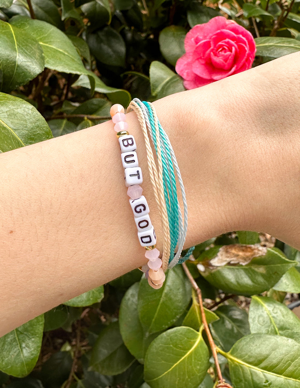 Elevated Faith But God Letter Bracelet — detail close-up