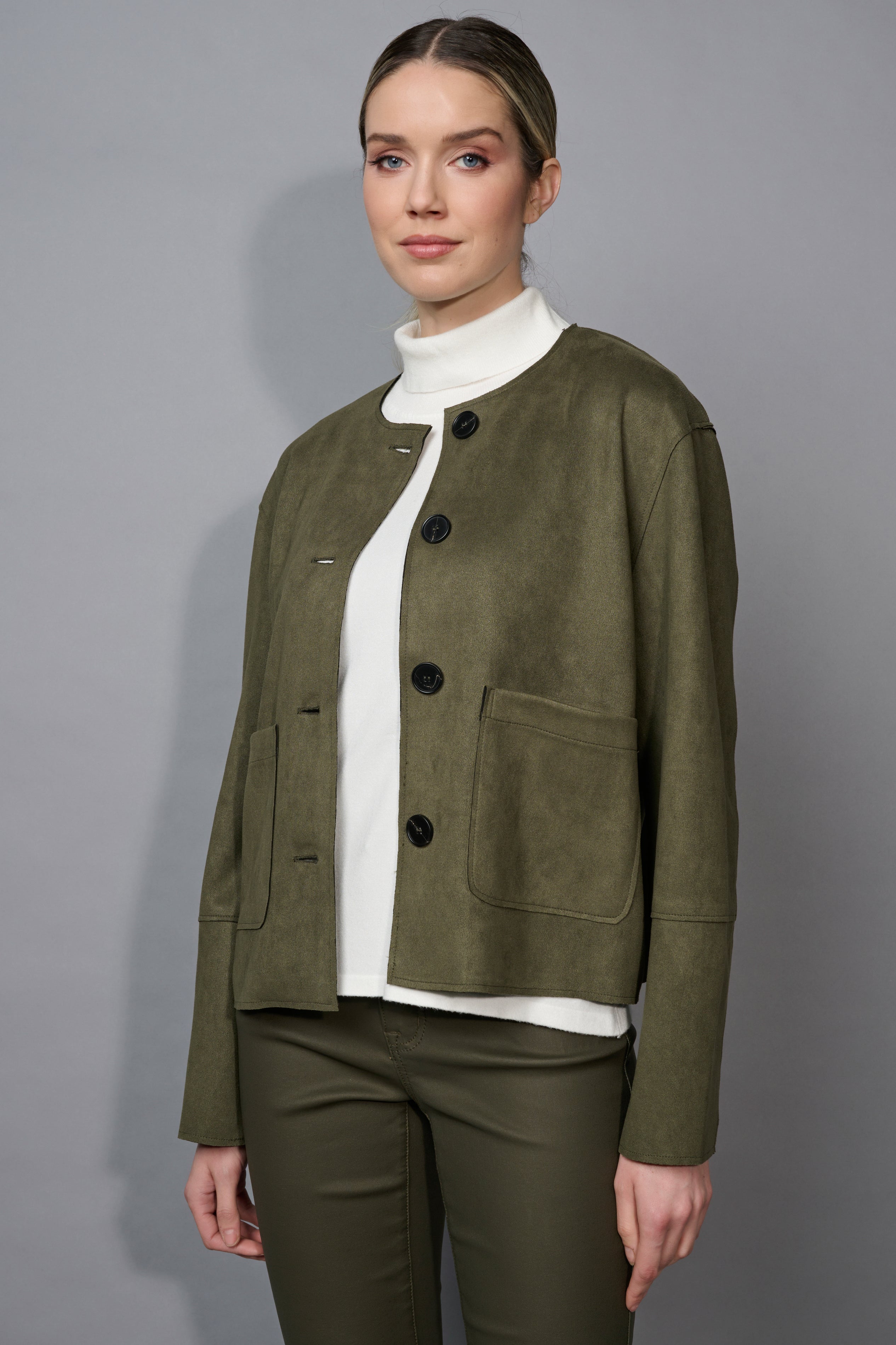 KADOU BOUTIQUE Picadilly Button Front Faux Suede Jacket — main product shot