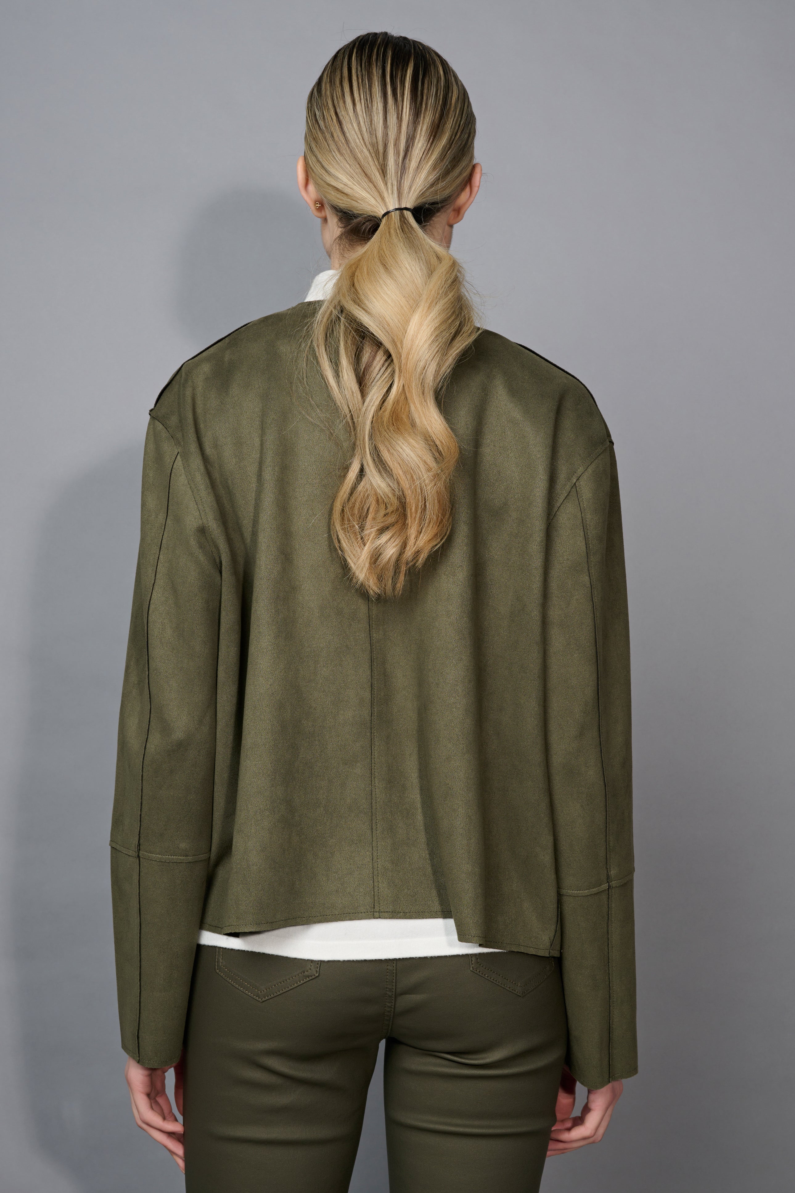 KADOU BOUTIQUE Picadilly Button Front Faux Suede Jacket — detail close-up