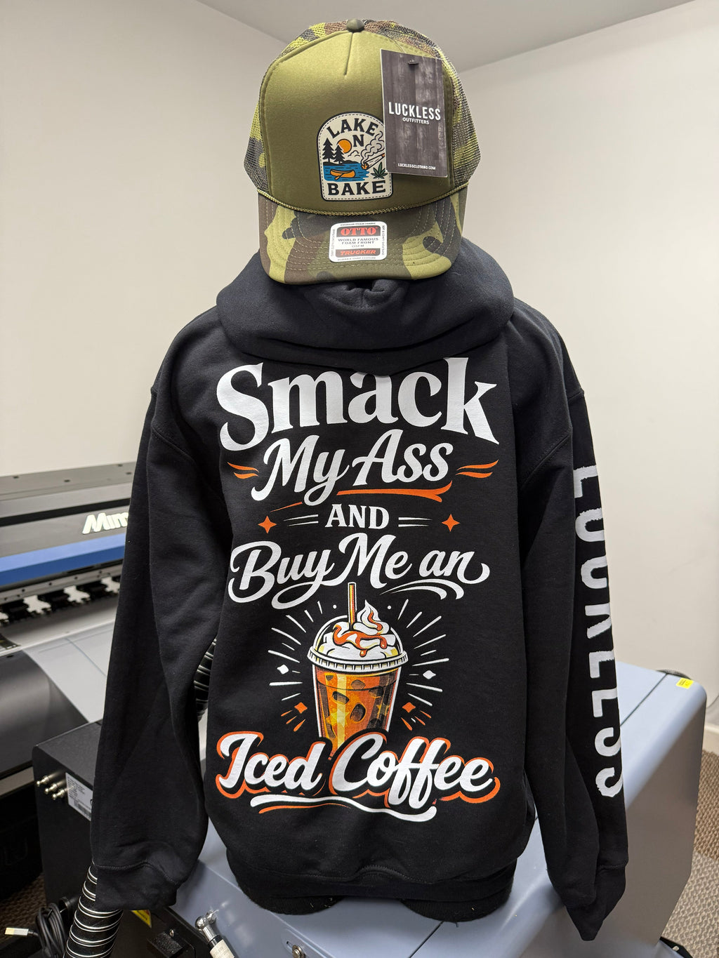 Luckless Outfitters Buy Me An Iced Coffee Hoodie — detail close-up