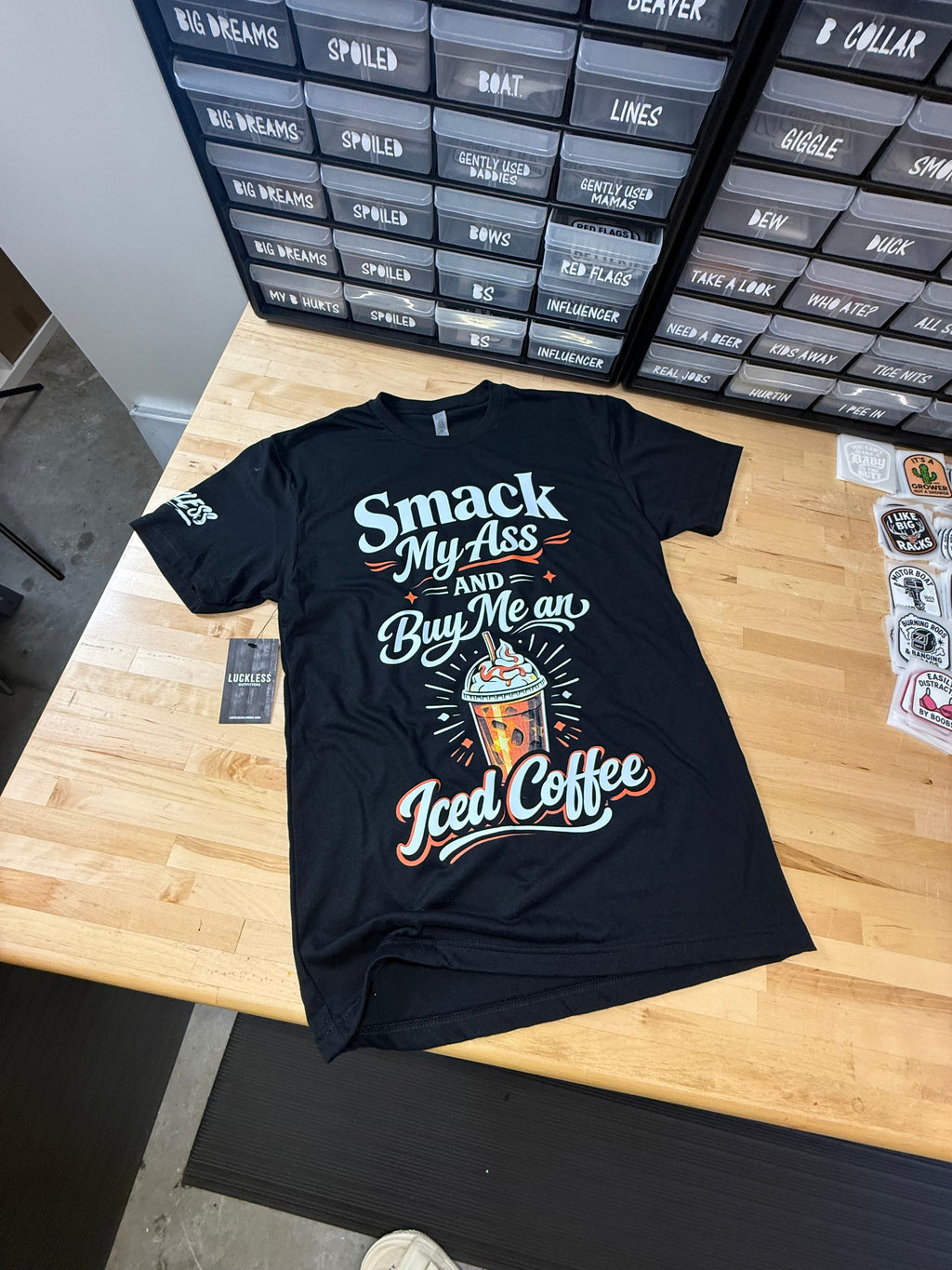 Luckless Outfitters Buy Me An Iced Coffee Tee — side view