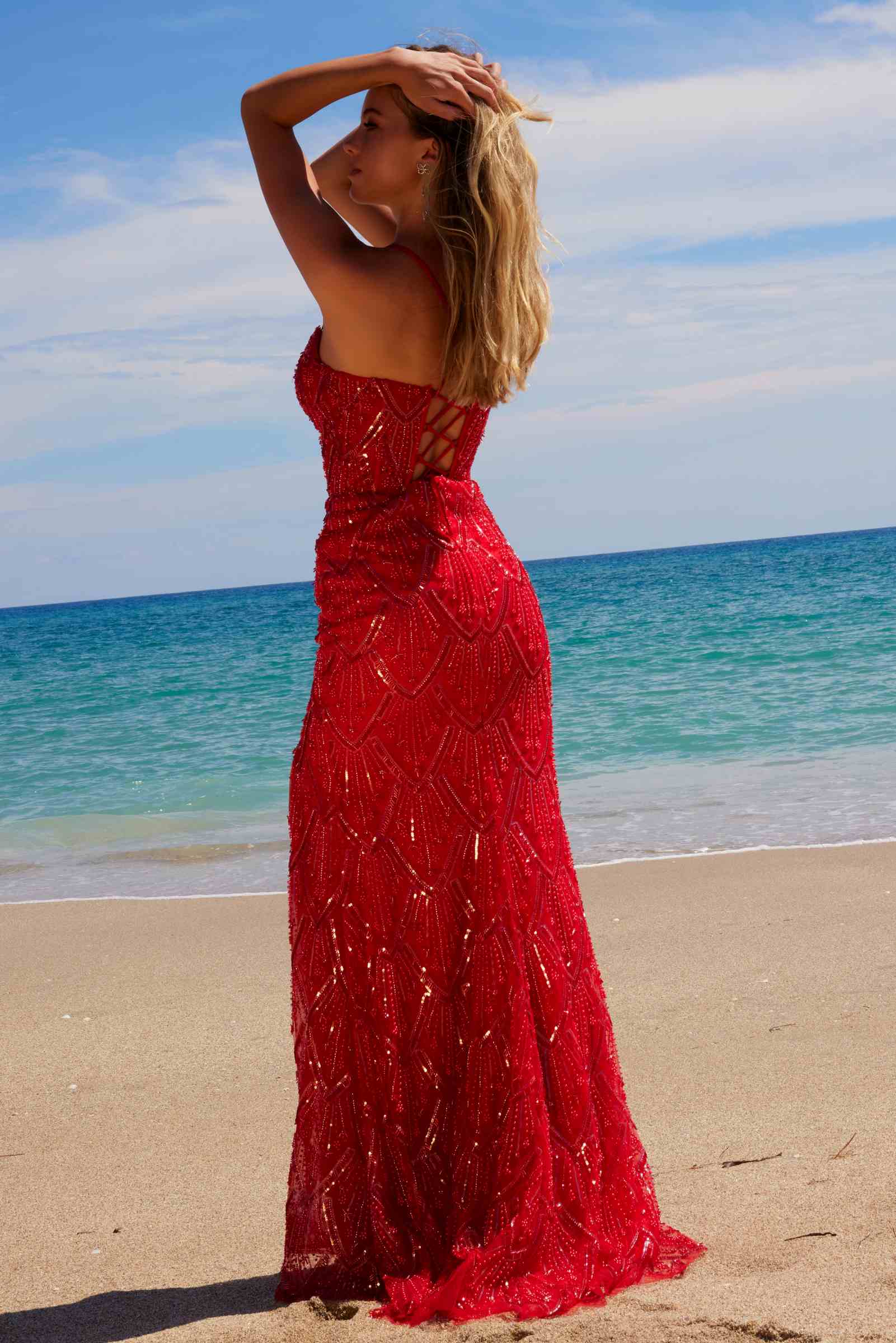 Nox Anabel C1616 Beaded Tulle Lace-Up Dress with Slit