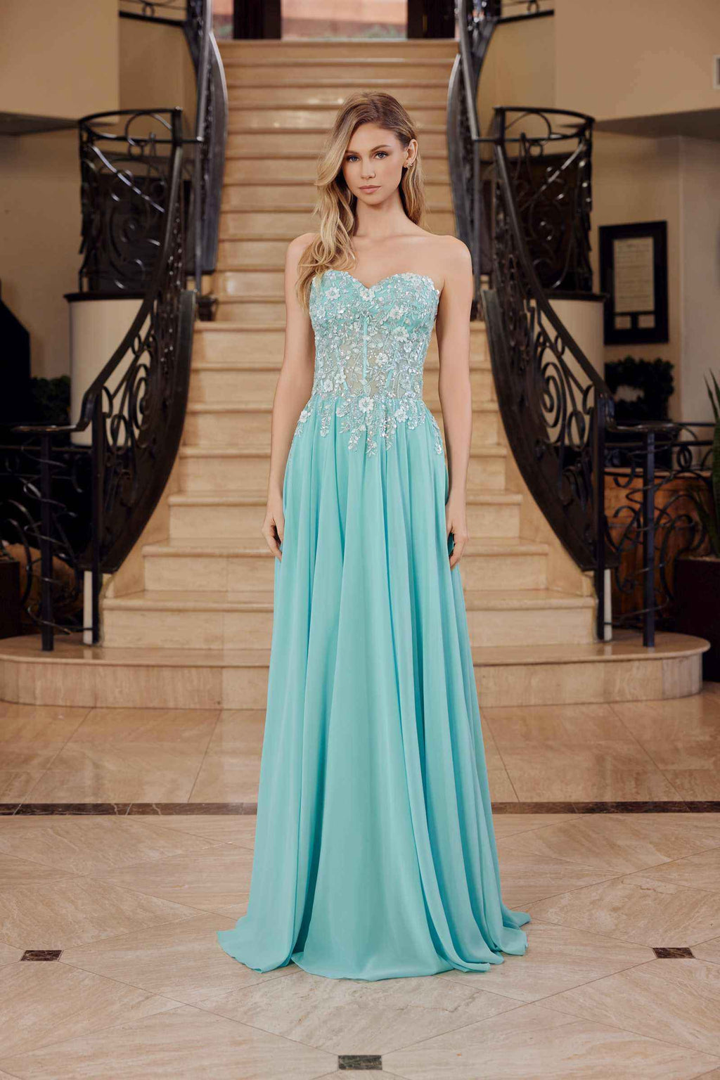 Nox Anabel C1617 Strapless Applique Corset with Chiffon Skirt Dress