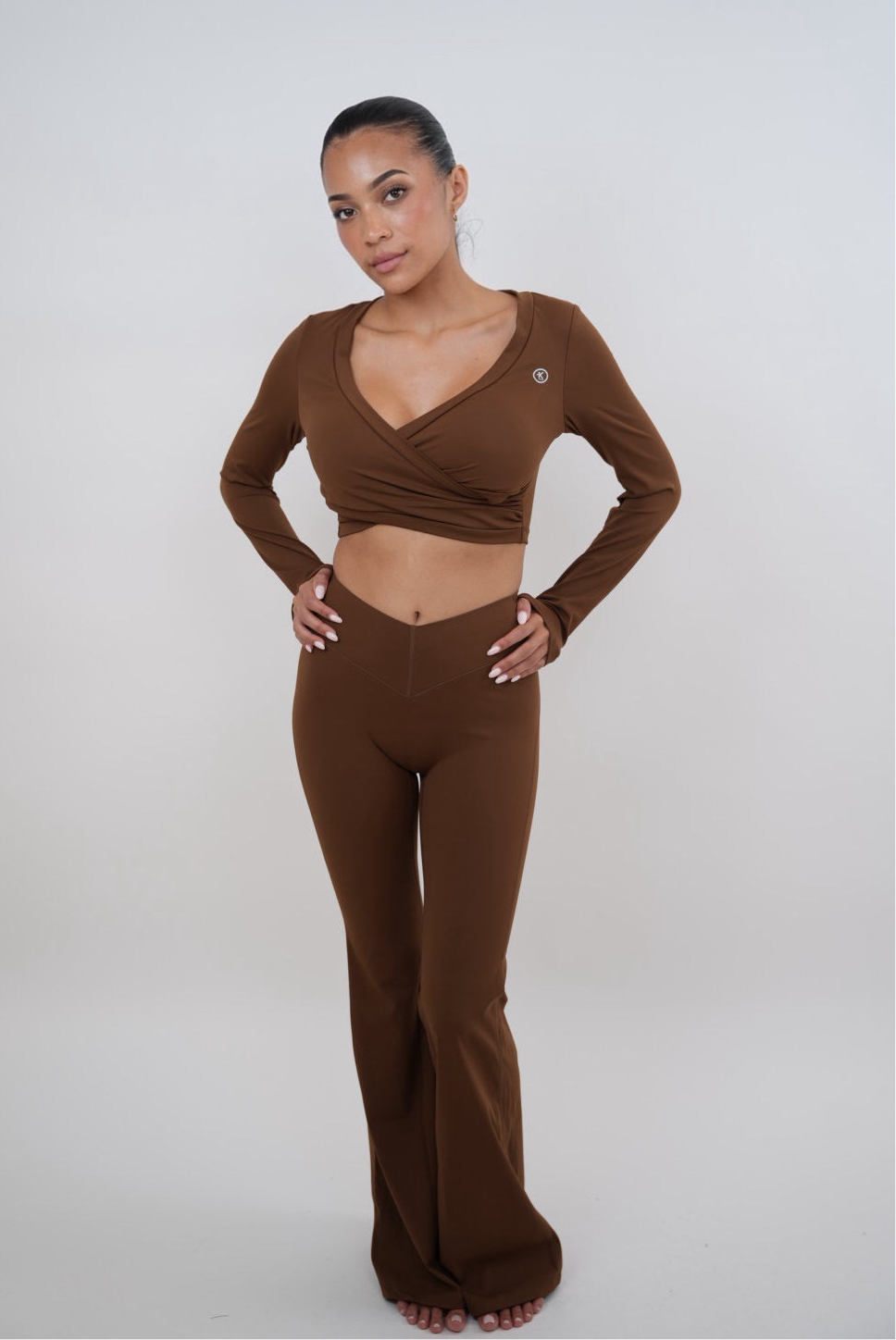 KIMITH BRAND I Am Present Brown Stretch Flare Legging — detail close-up