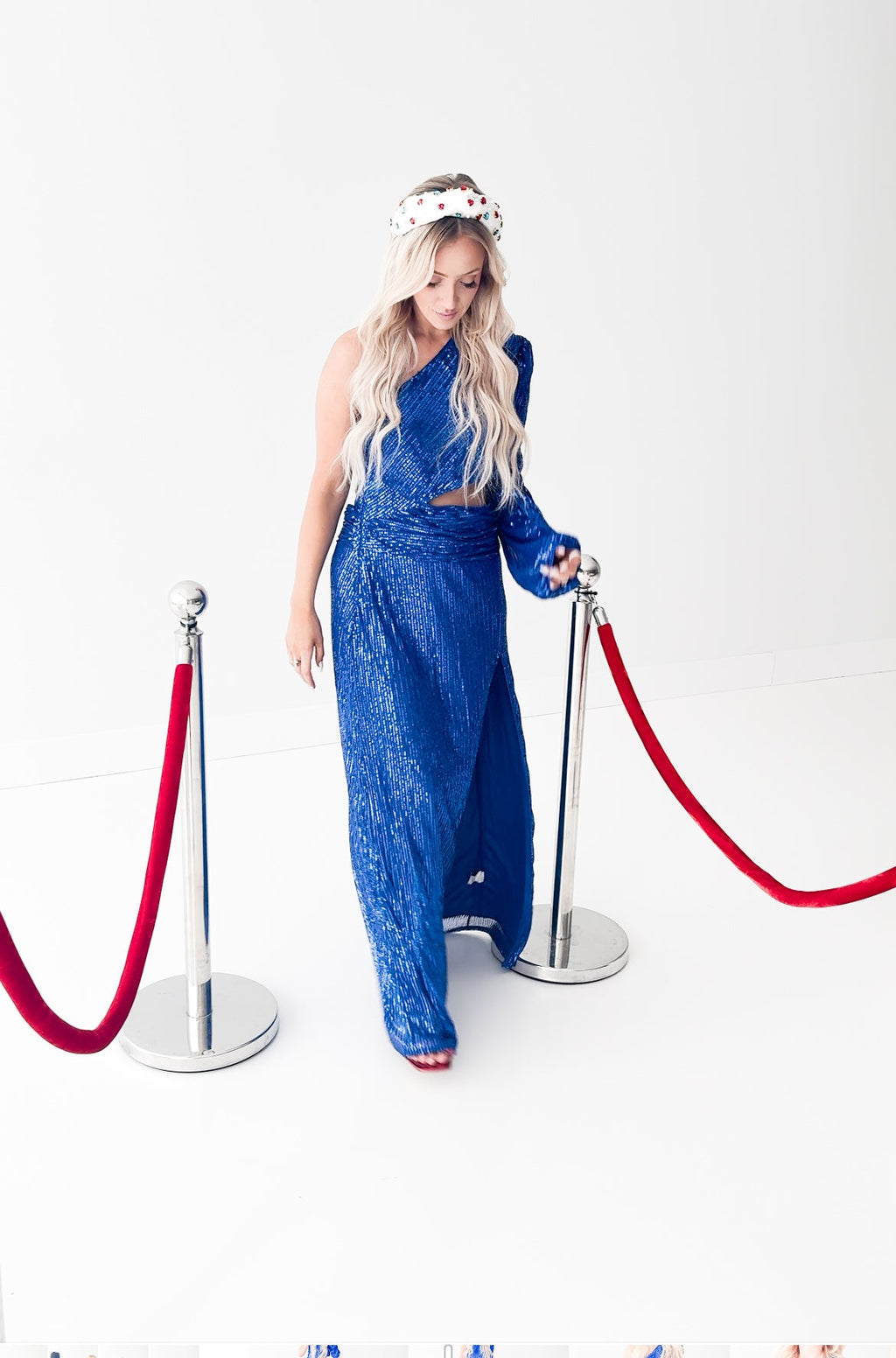 Pretty Little Patriot Pretty Little Patriot Royal Blue Sequin Gown — lifestyle worn / used context