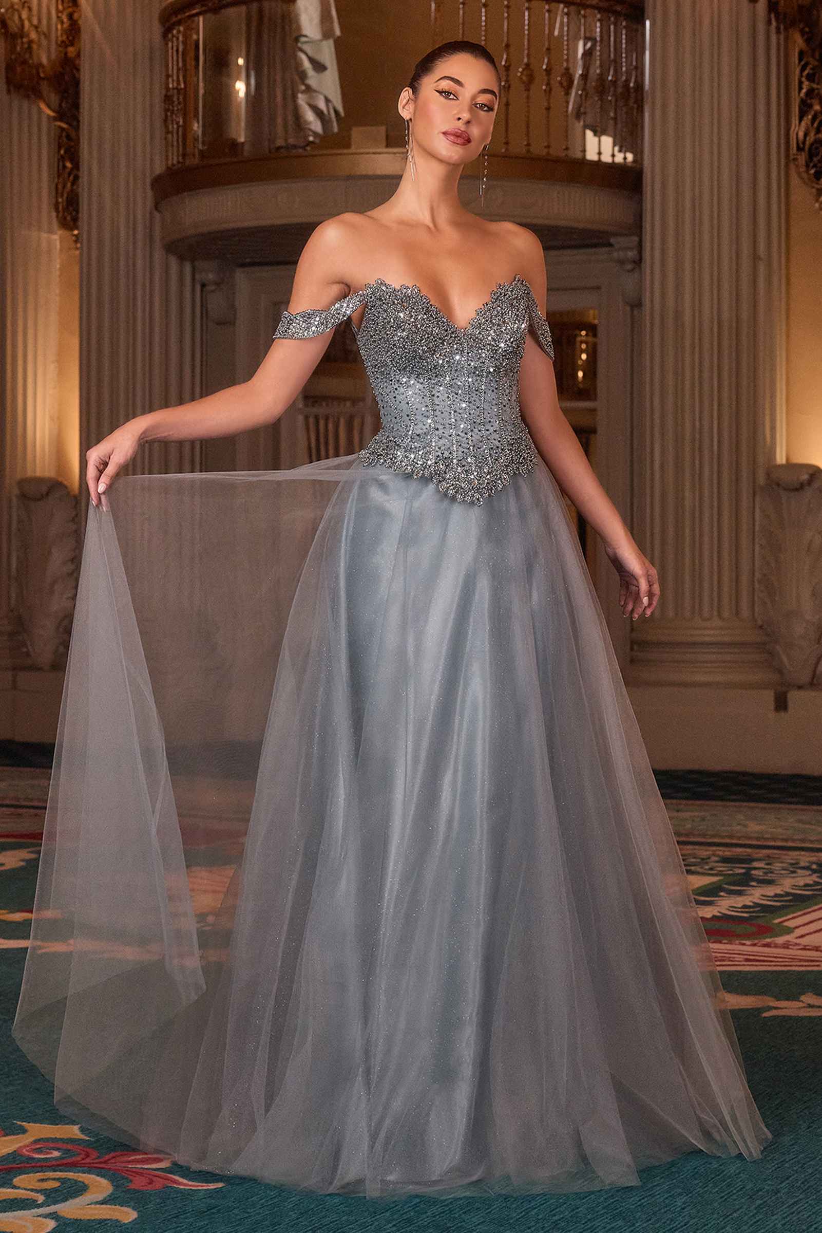 Ladivine CC471 Off Shoulder Glitter Tulle Corset Bodice A-line Ball Gown