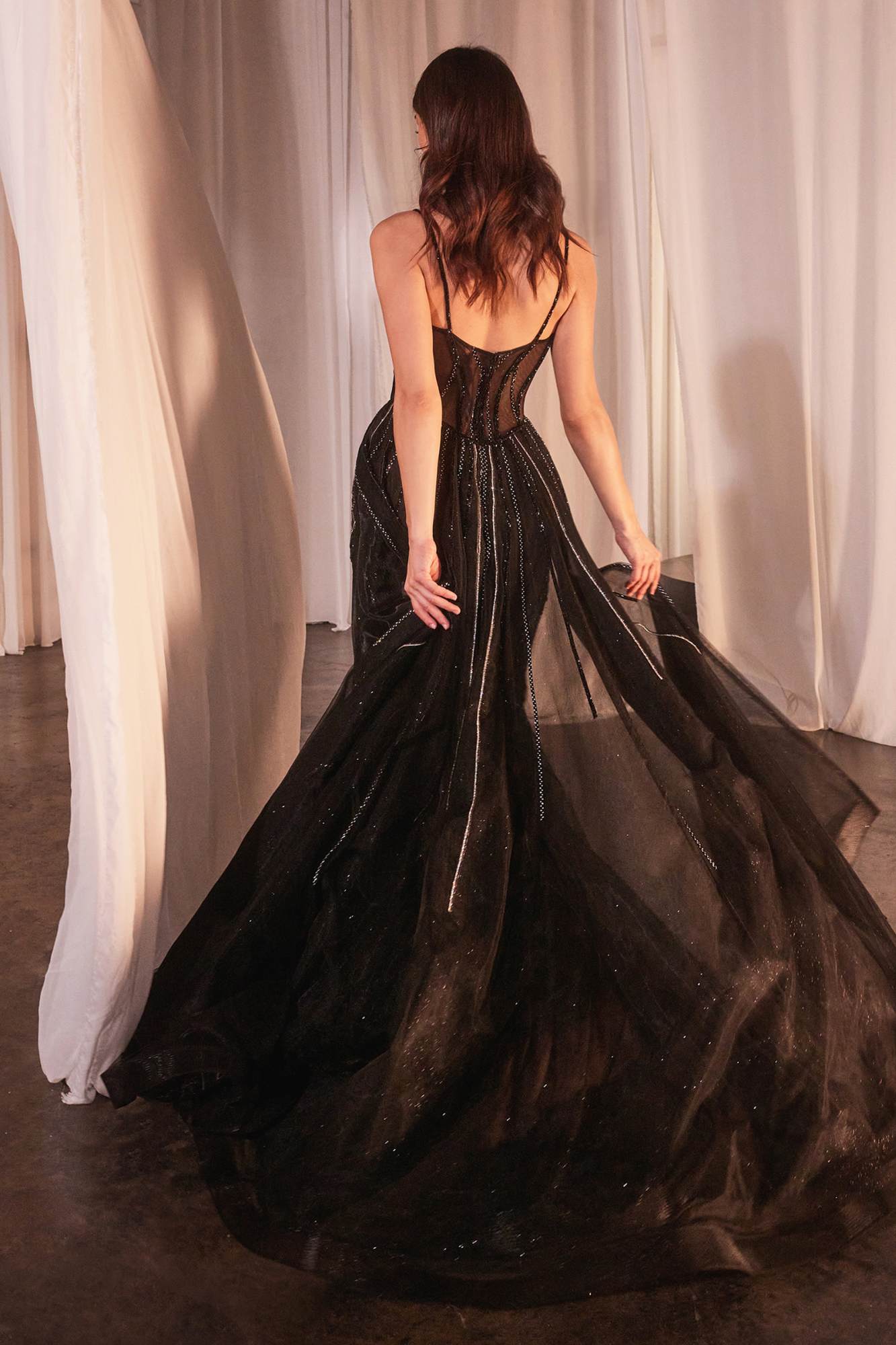 Ladivine CD863 Floor Length Fitted Beaded Tulle Fabric Red Carpet Gown