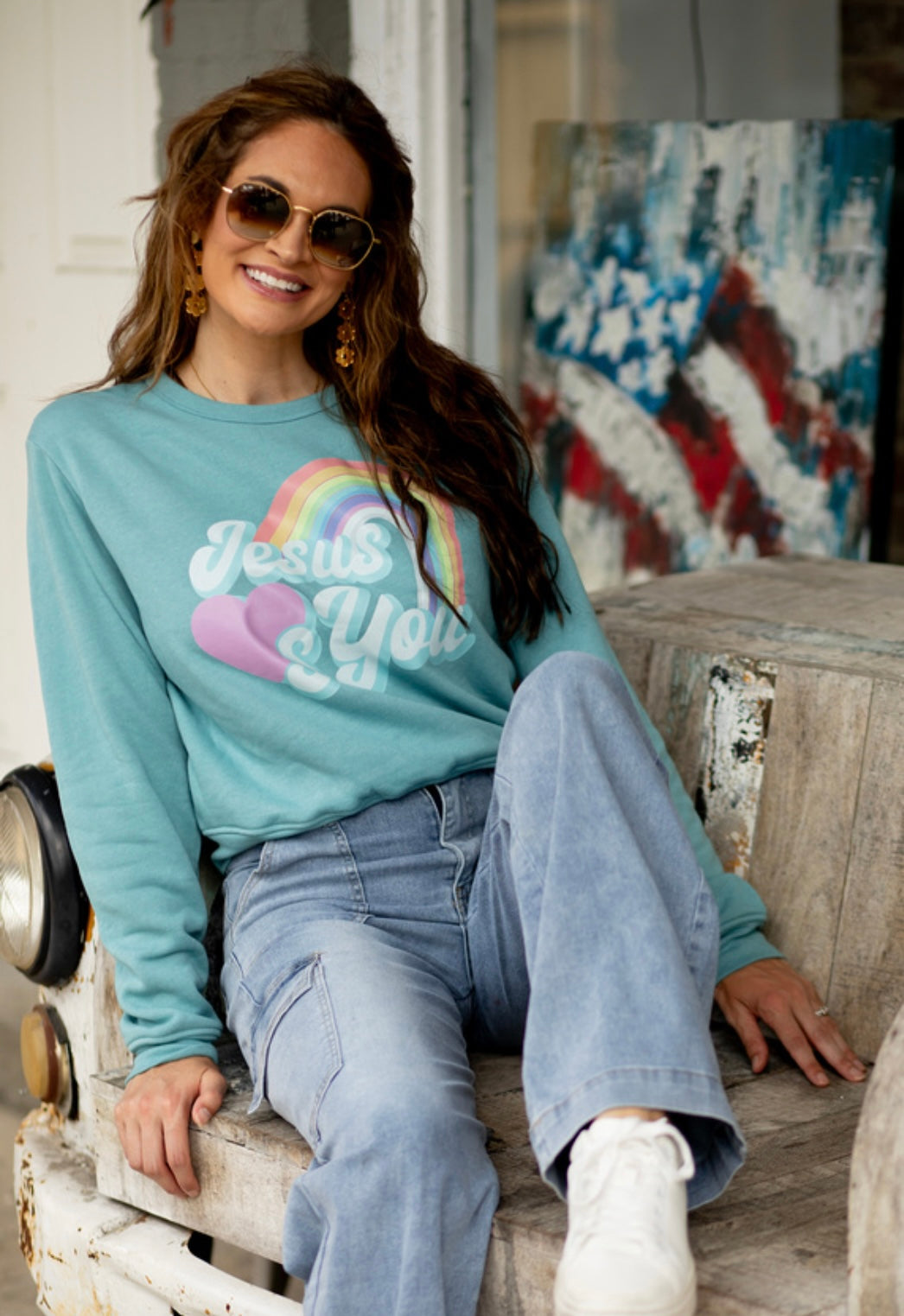Pretty Little Patriot Pretty Little Patriot Jesus Loves You Crew Sweatshirt — construction detail